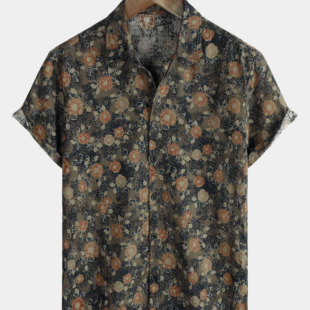 Chemise boutonnée à manches courtes en coton jacquard floral pour hommes
