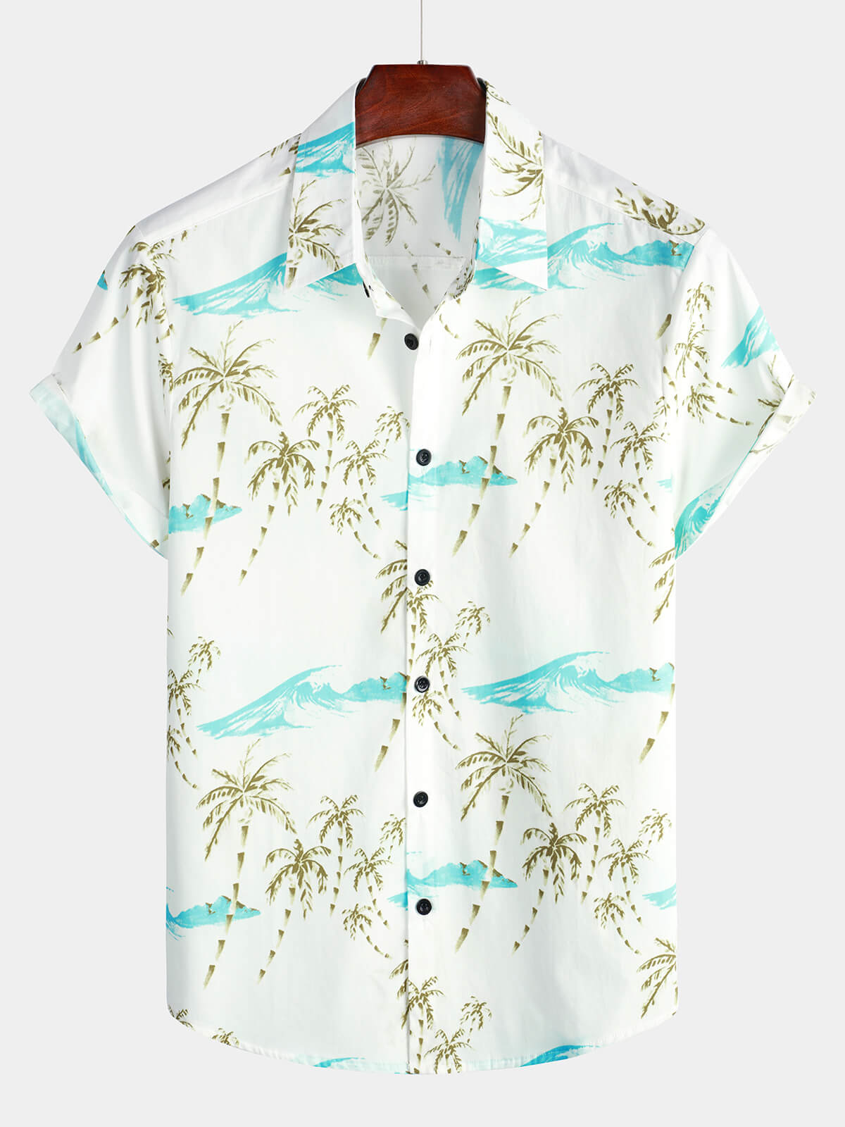 Chemise de plage à manches courtes en coton blanc avec imprimé palmiers et îles en coton pour homme