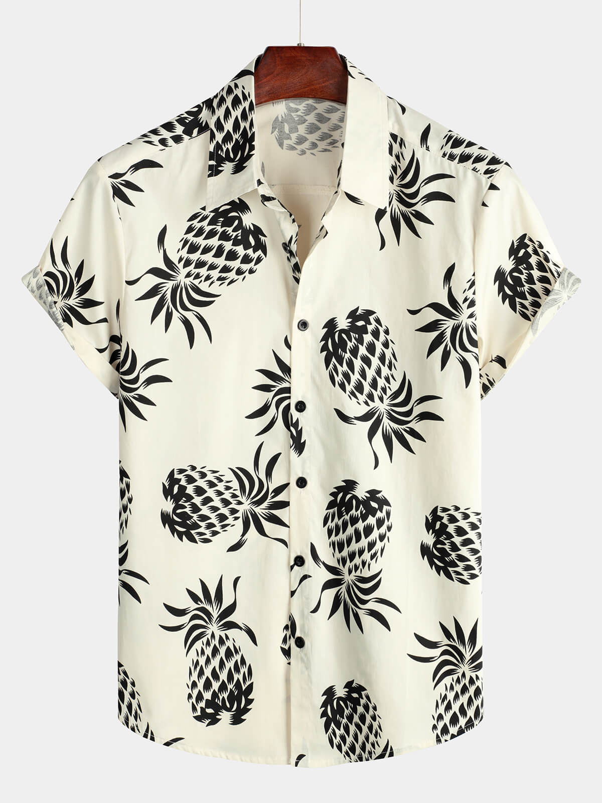 Chemise à manches courtes boutonnée beige pour homme en coton imprimé ananas été plage hawaïenne