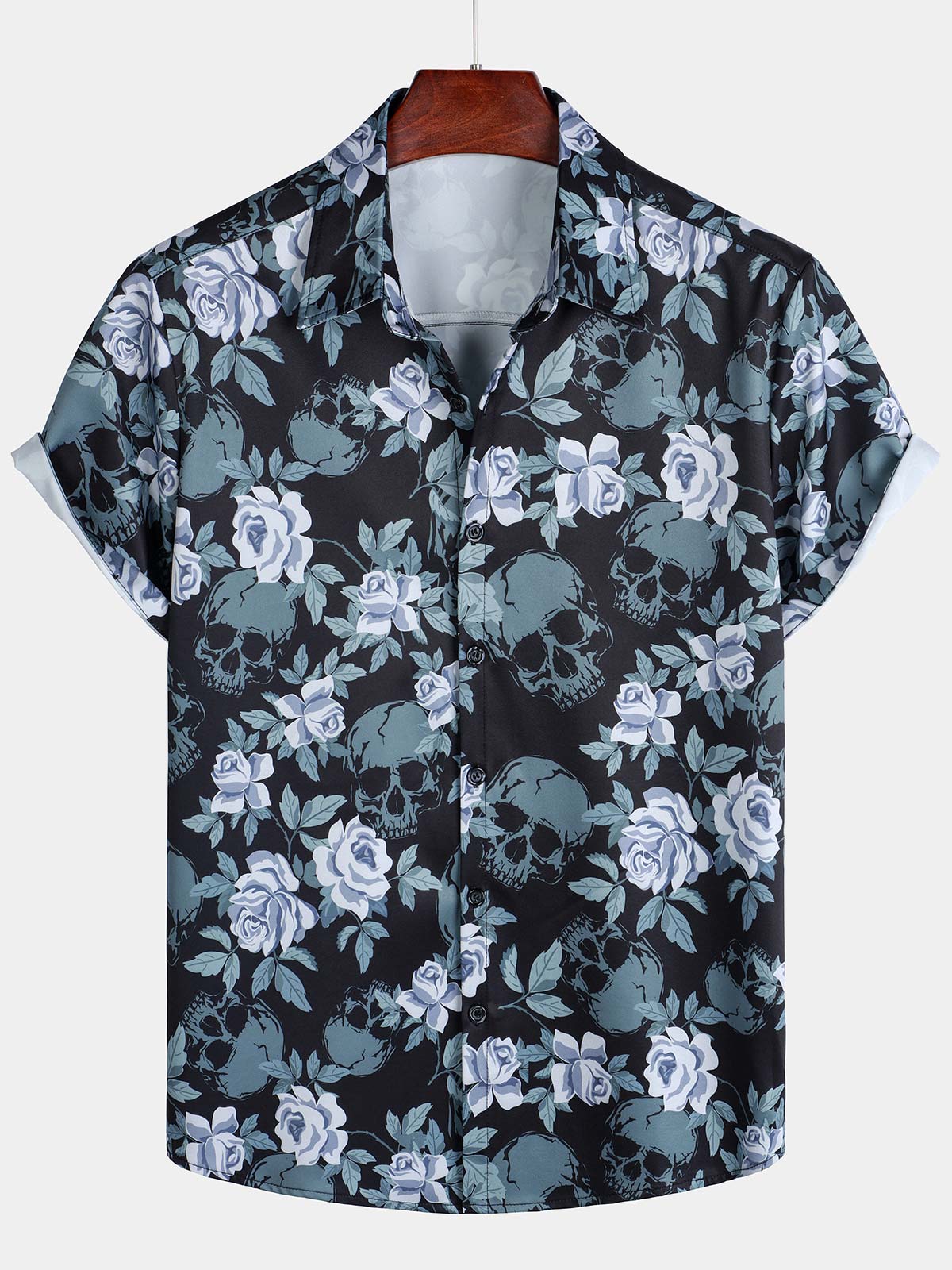 Chemise boutonnée à manches courtes et imprimé floral pour homme, motif tête de mort