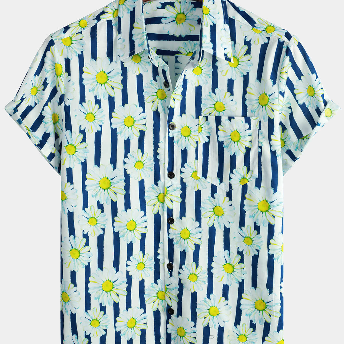 Chemise boutonnée d'été à manches courtes en coton à rayures bleues pour hommes