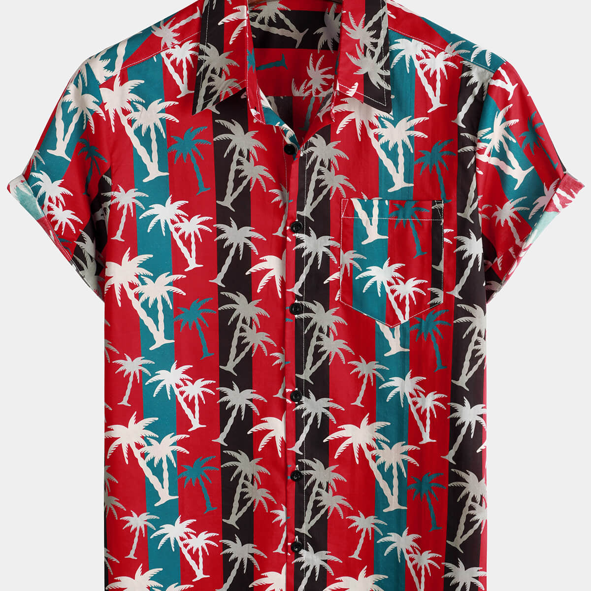 Chemise hawaïenne à manches courtes en coton à col imprimé palmier rouge pour homme