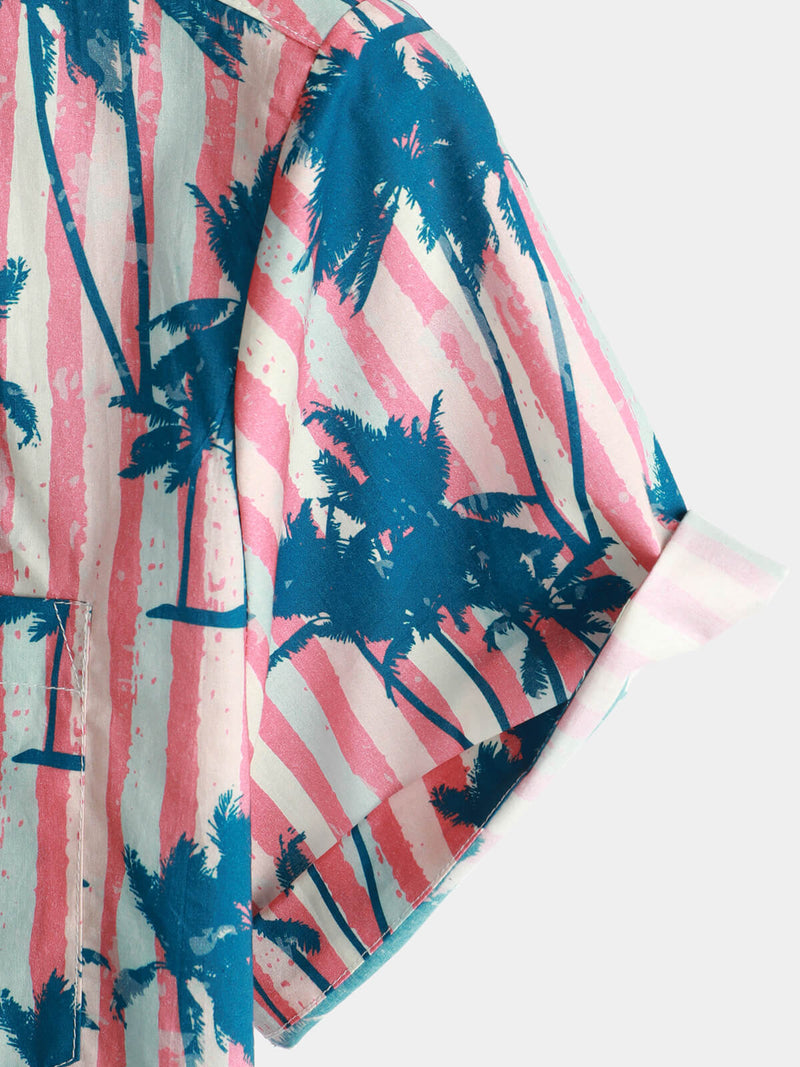 Chemise d'été à manches courtes en coton à imprimé palmiers roses pour hommes