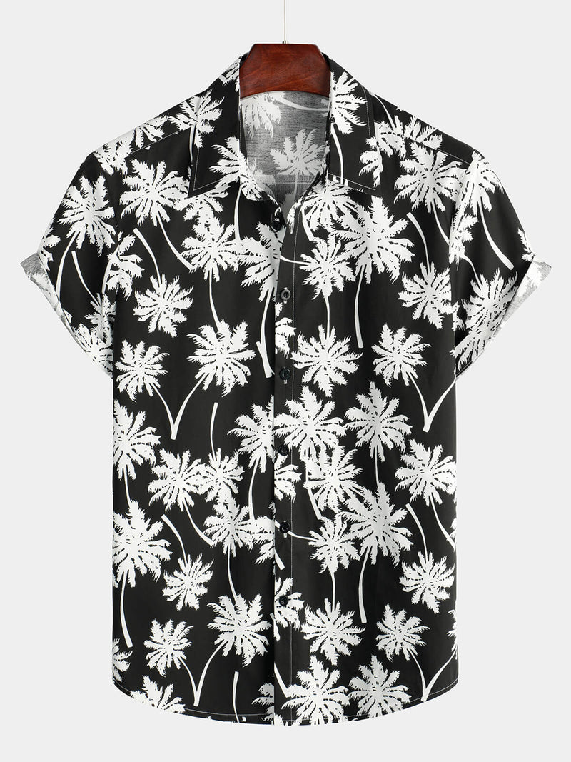 Chemise d'été à manches courtes pour homme avec motif tropical noir style hawaïen de vacances boutonnée