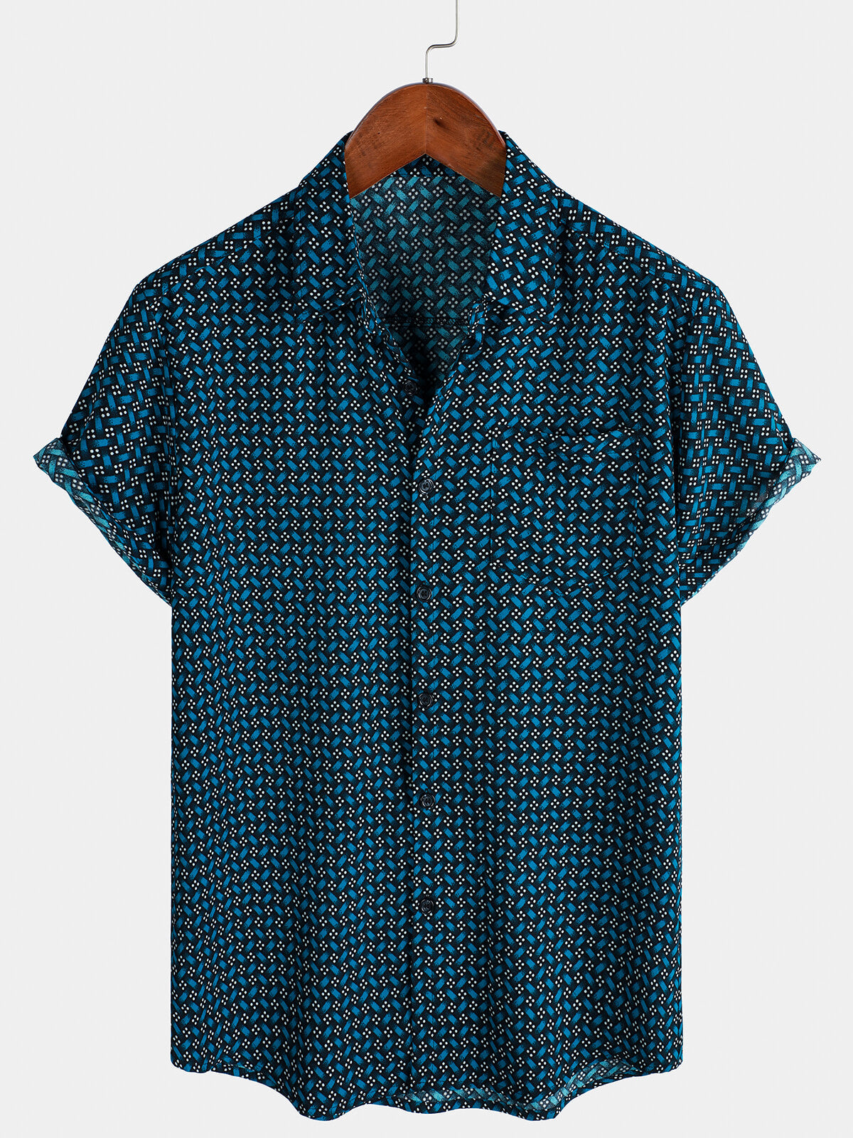 Chemise boutonnée à manches courtes pour homme, style décontracté, bleu, pour les vacances et l'été