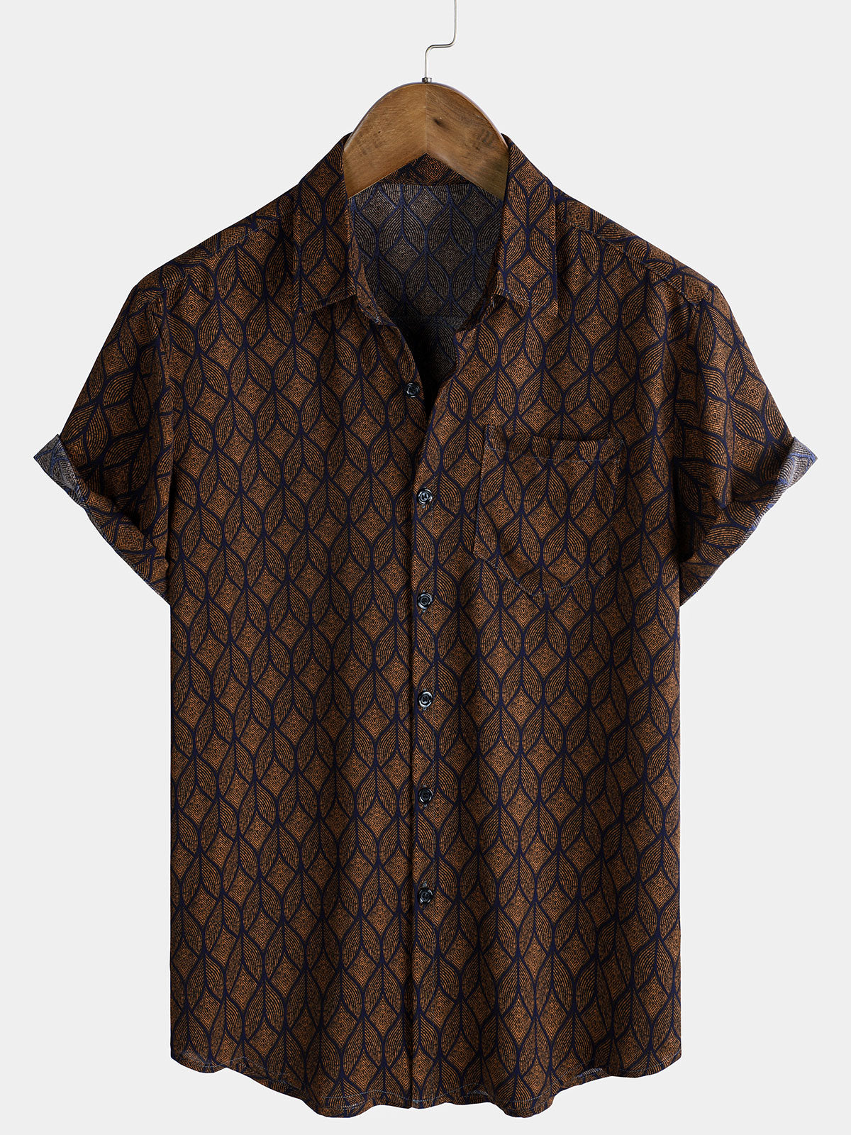 Chemise à manches courtes et poches à imprimé géométrique rétro marron pour homme