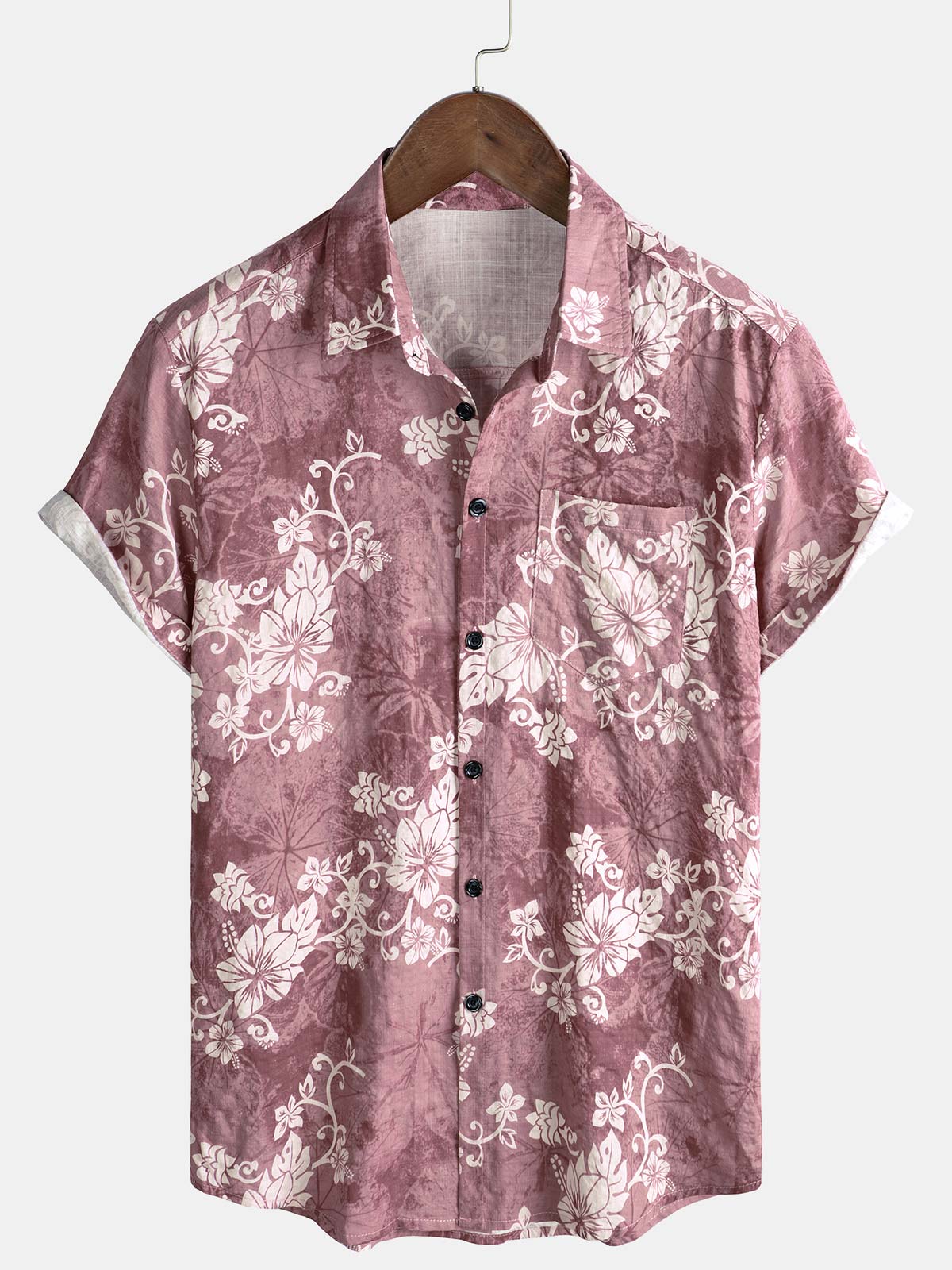 Chemise à manches courtes et poche pour homme, imprimé floral rose, pour les fêtes