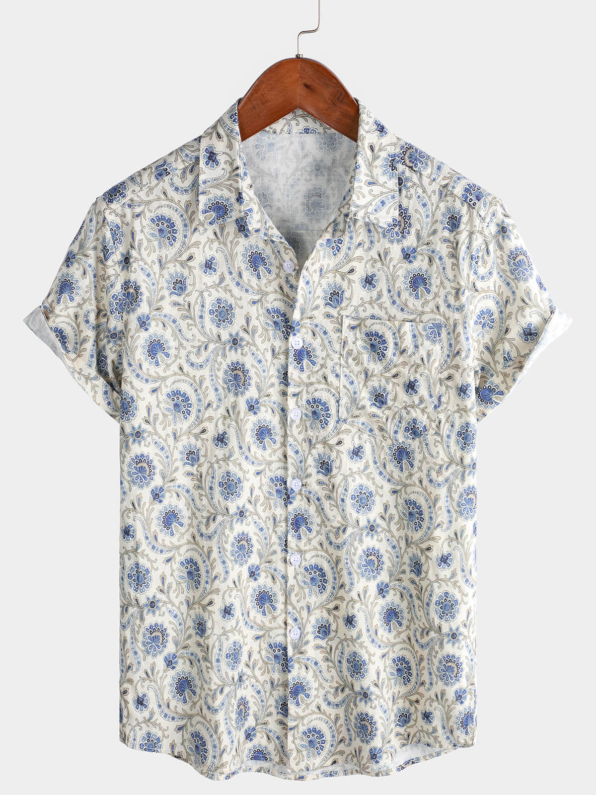 Chemise boutonnée à manches courtes et poches à motif cachemire pour homme