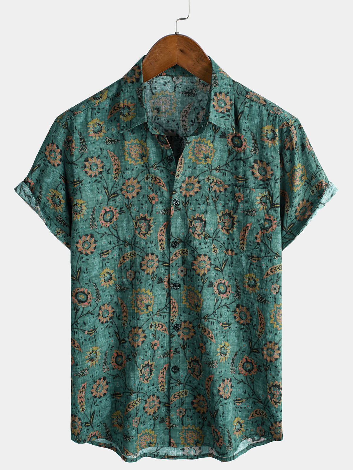 Chemise à manches courtes en coton respirant à imprimé floral rétro pour homme
