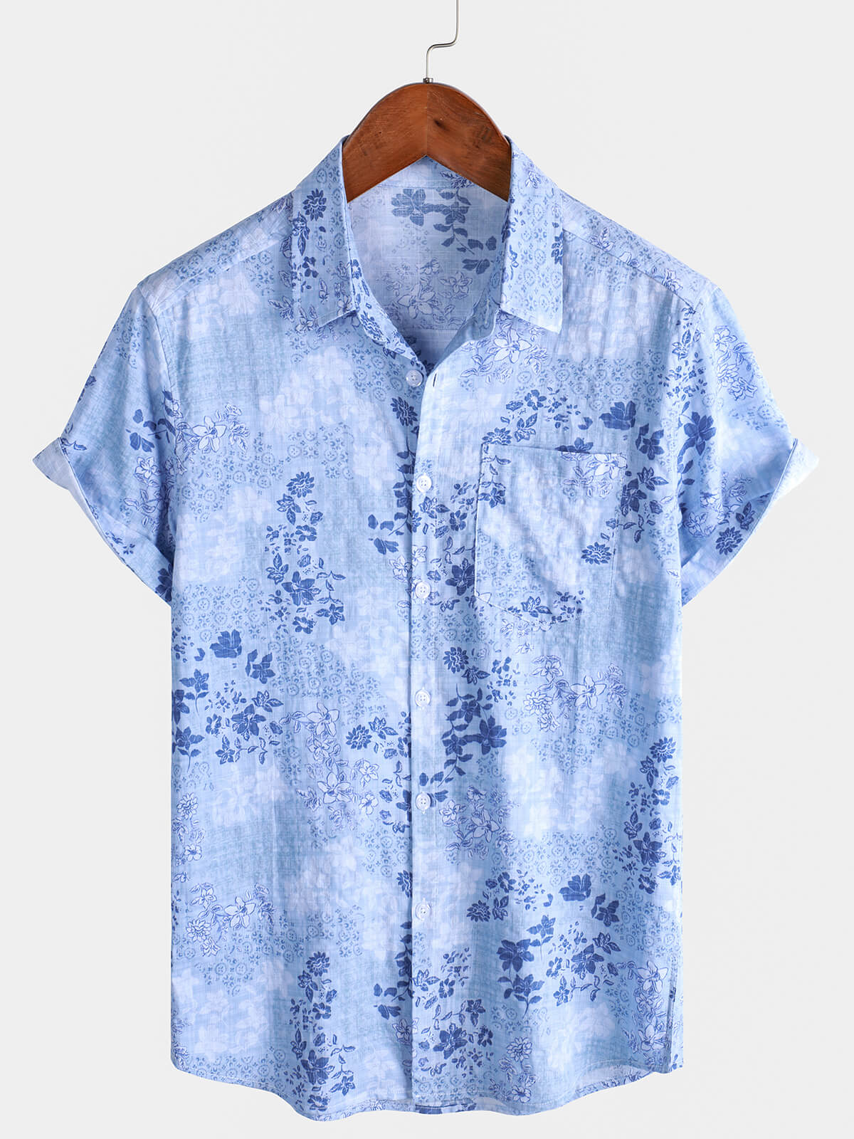 Chemise à manches courtes rétro à imprimé floral bleu pour homme