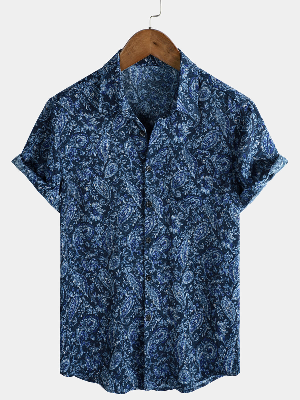 Chemise à manches courtes et poche à imprimé cachemire bleu pour homme