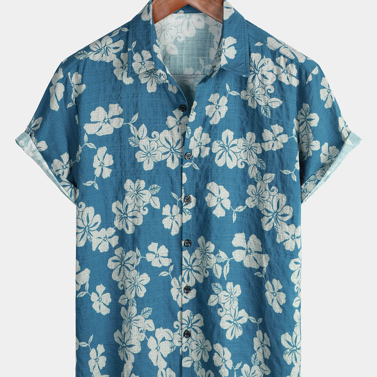 Chemise boutonnée à manches courtes hawaïenne à fleurs de vacances bleue pour hommes