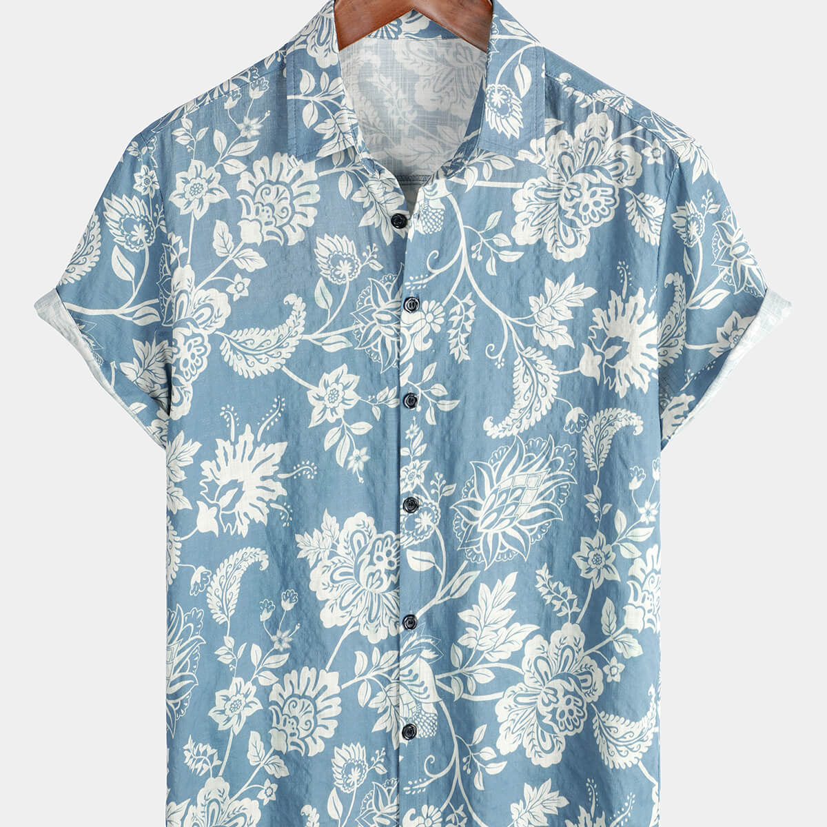 Chemise d'été boutonnée à manches courtes hawaïenne à fleurs bleues pour hommes