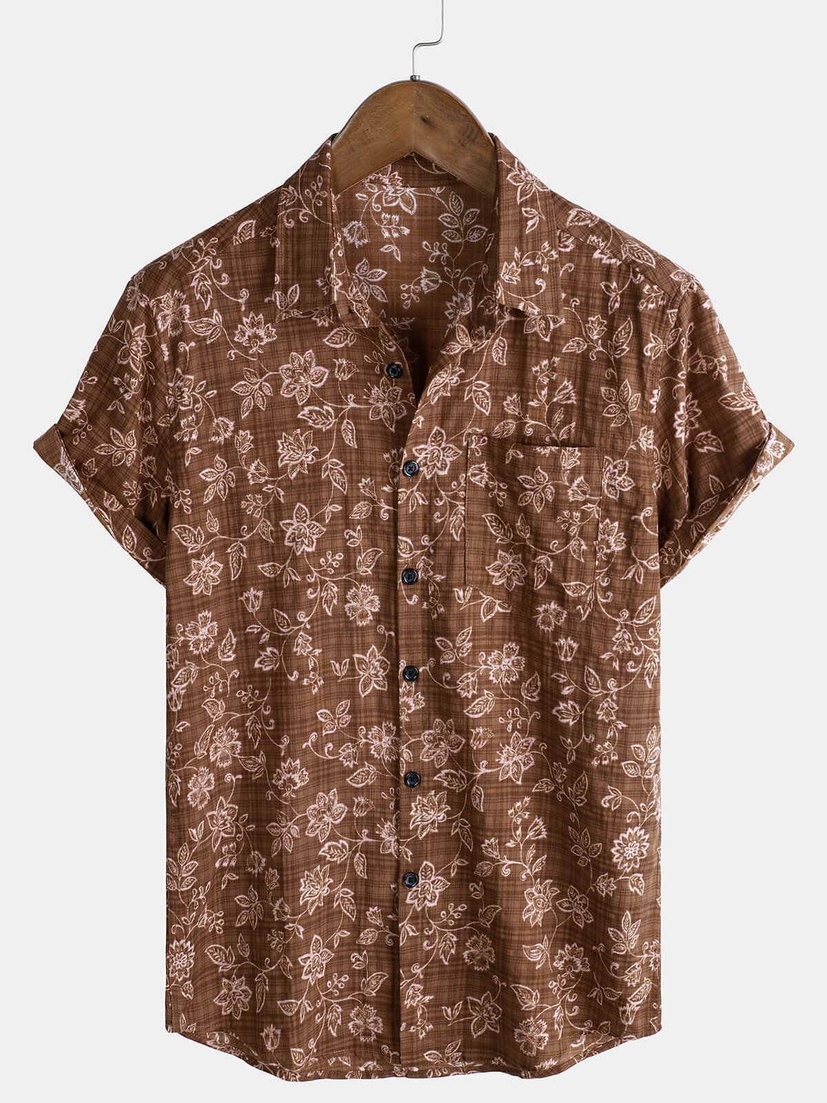 Chemise à manches courtes en coton respirant marron à motif floral vintage pour homme