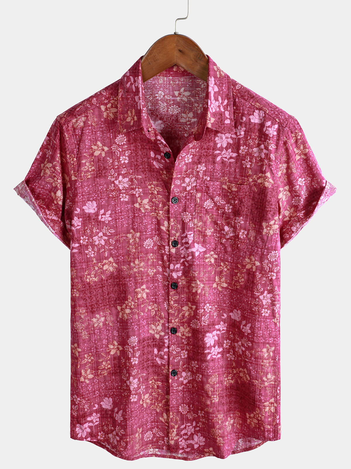Chemise rétro à manches courtes et poches pour homme, motif floral rose, style décontracté, pour les fêtes