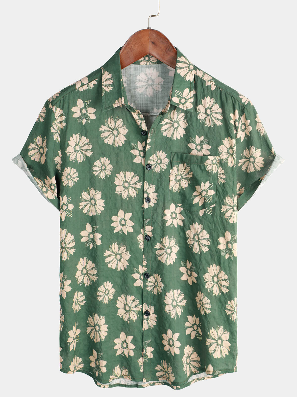 Chemise d'été hawaïenne à manches courtes et boutons pour hommes, motif floral vert, vacances