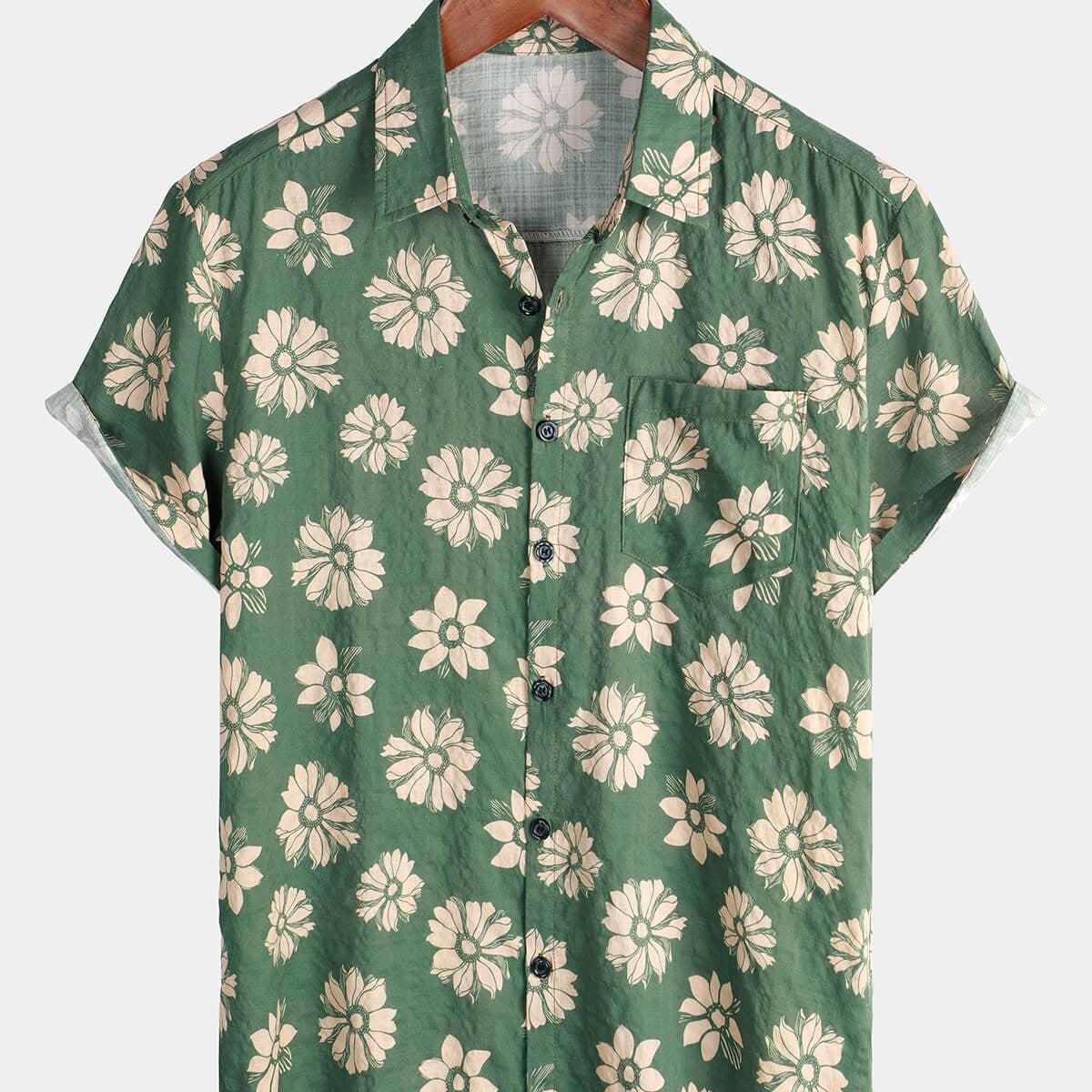 Chemise d'été hawaïenne à manches courtes et boutons pour hommes, motif floral vert, vacances