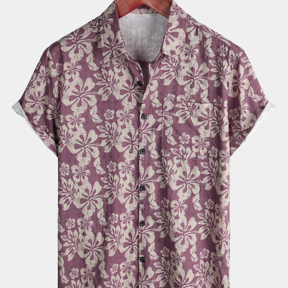 Chemise de plage boutonnée à manches courtes à fleurs violettes hawaïennes pour hommes