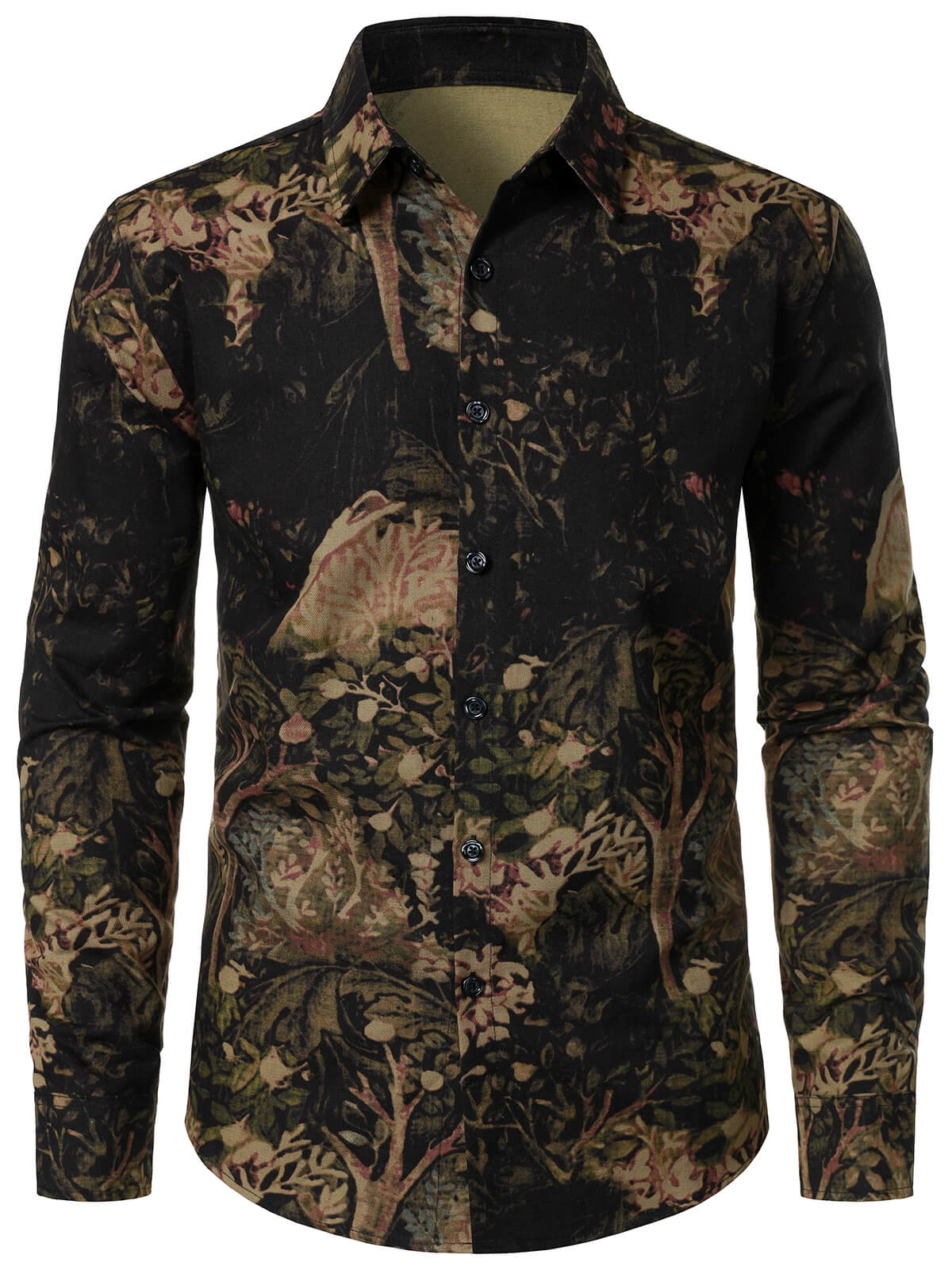 Chemise boutonnée à manches longues et imprimé végétal rétro pour homme