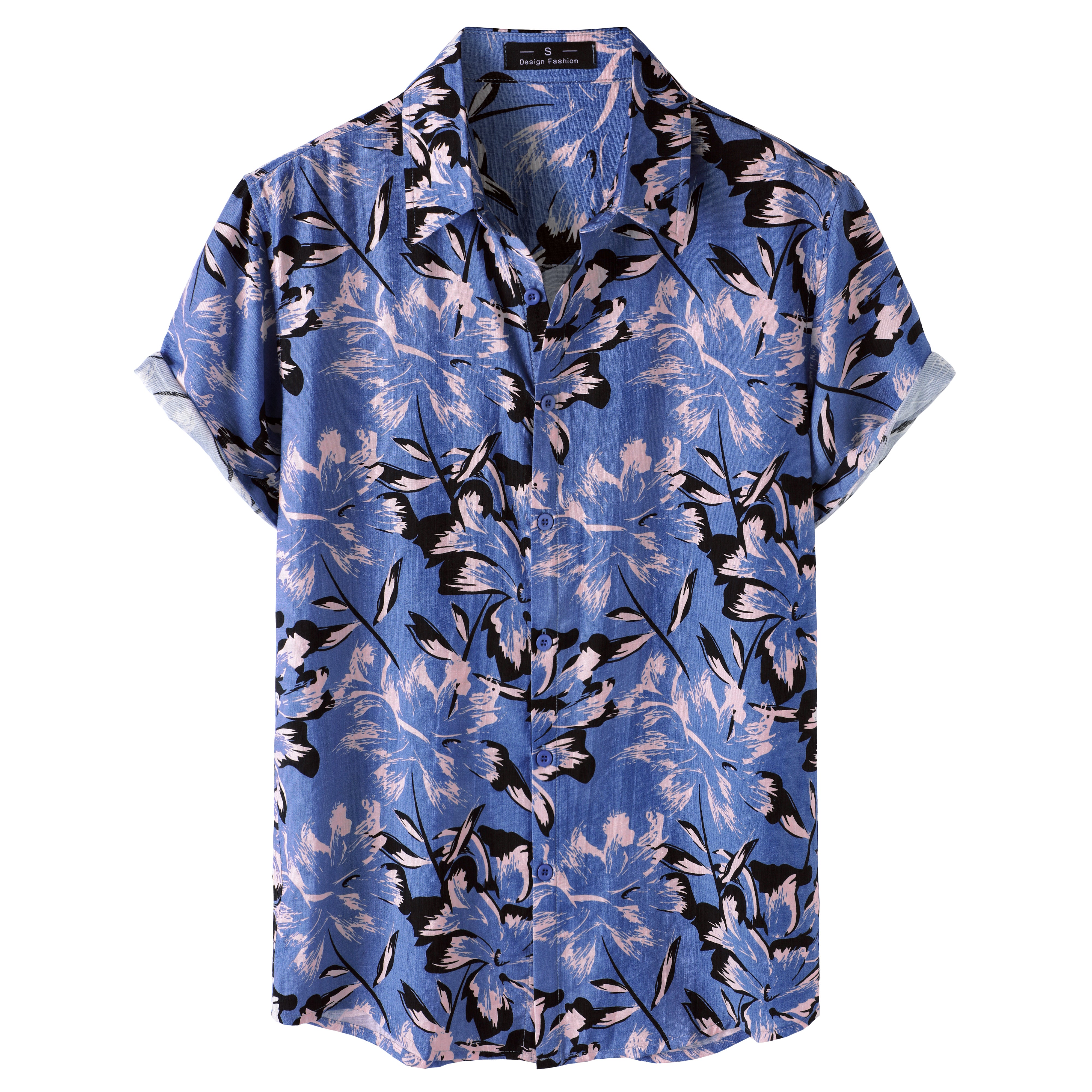 Chemise Homme Tropicale Bleue à Fleurs Manches Courtes Boutonnée