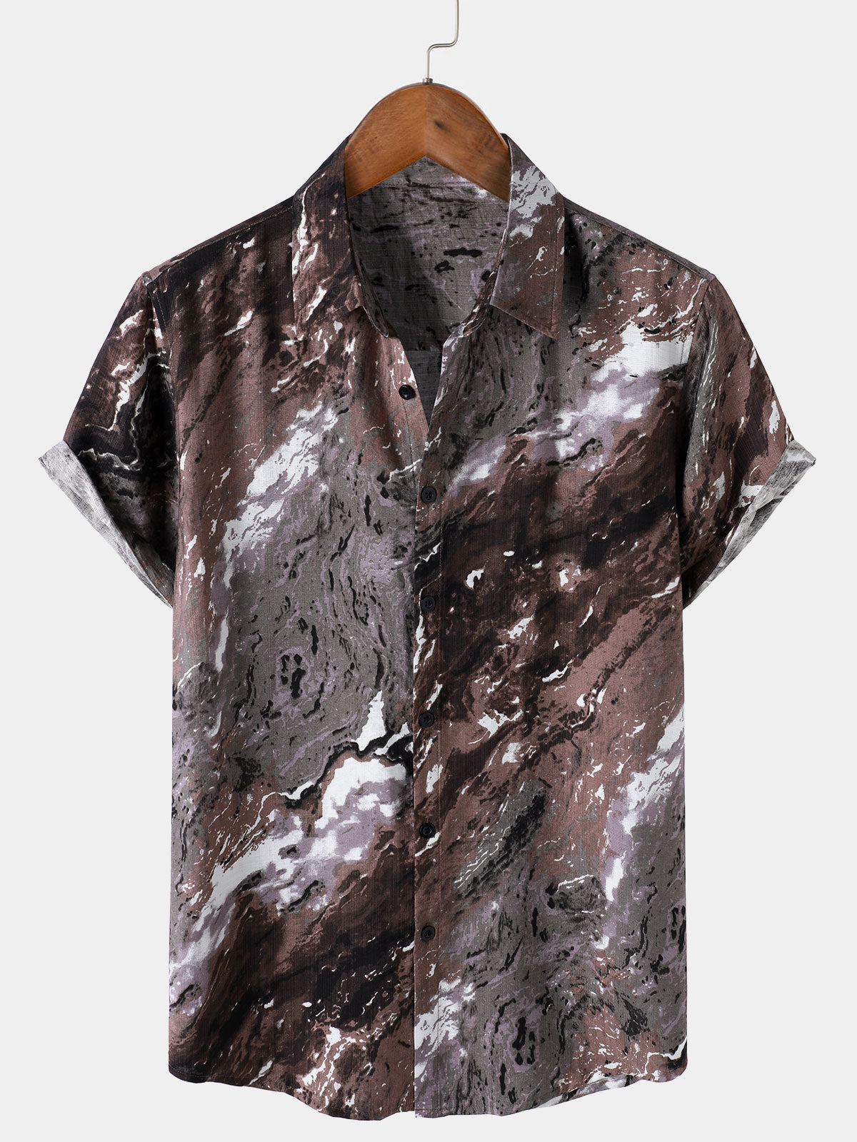 Chemise Homme Marron à Motif Abstrait Vacances Manches Courtes