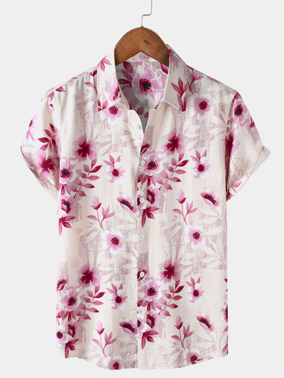 Chemise Homme Rose à Fleurs de Vacances Manches Courtes Boutonnée