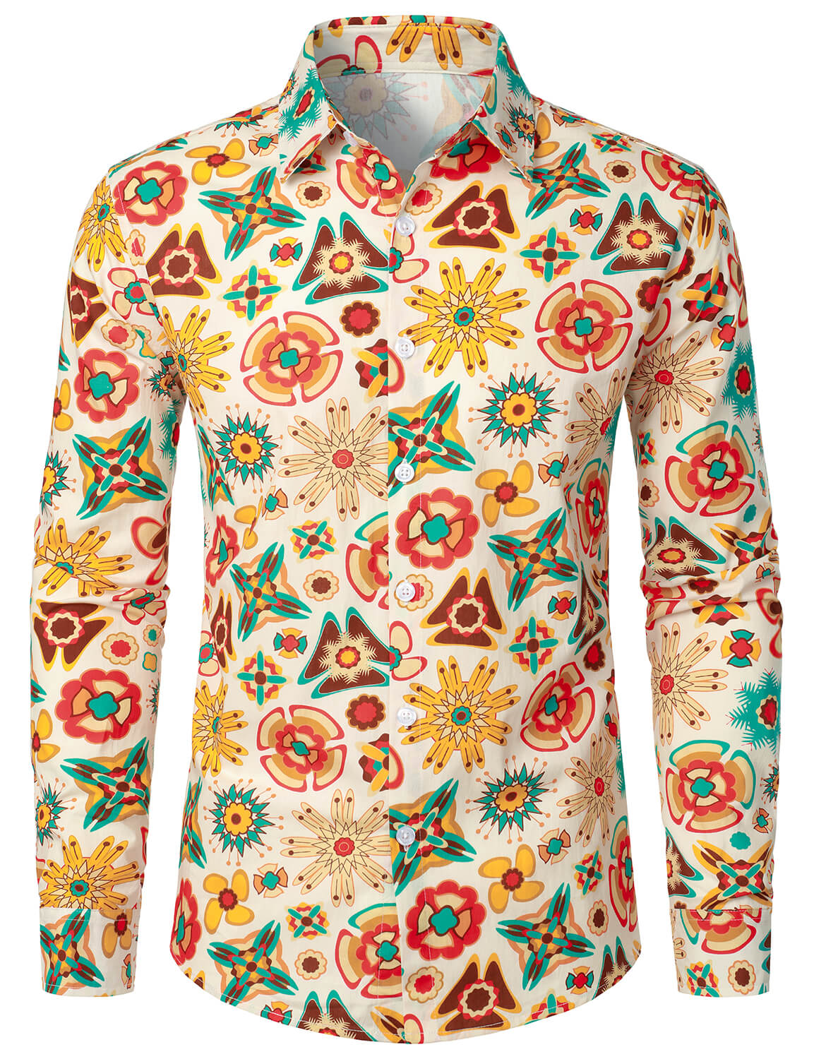 Chemise Homme Colorée Manches Longues Style Hippie Années 70 - Arc-en-Ciel Rétro Fleurs Hawaïennes, Chemise De Plage Et Soirée Fun, Coupe Ample Et Confortable