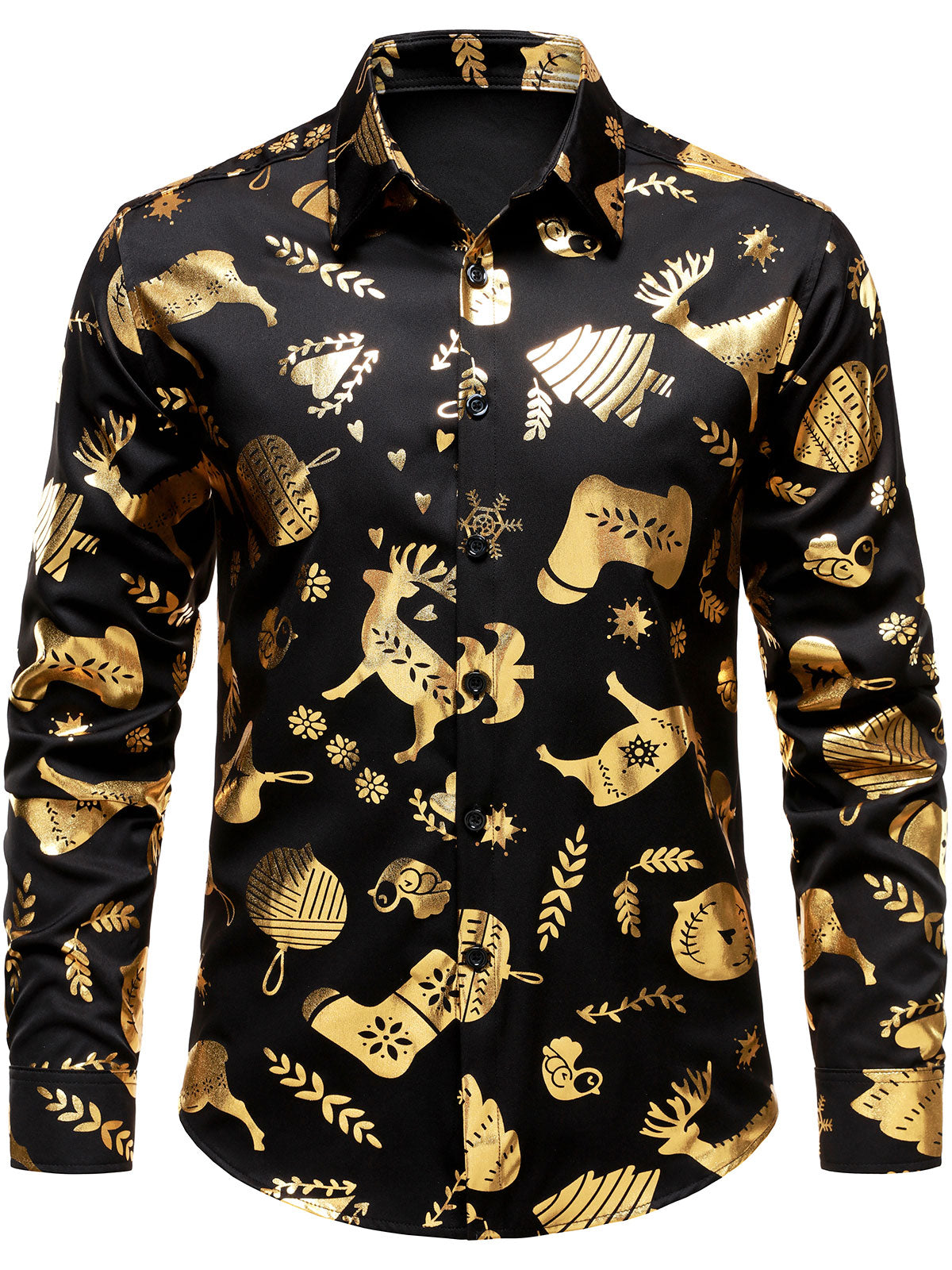 Chemise à manches longues boutonnée pour homme, motif rennes dorés brillants, idéale pour les fêtes de Noël