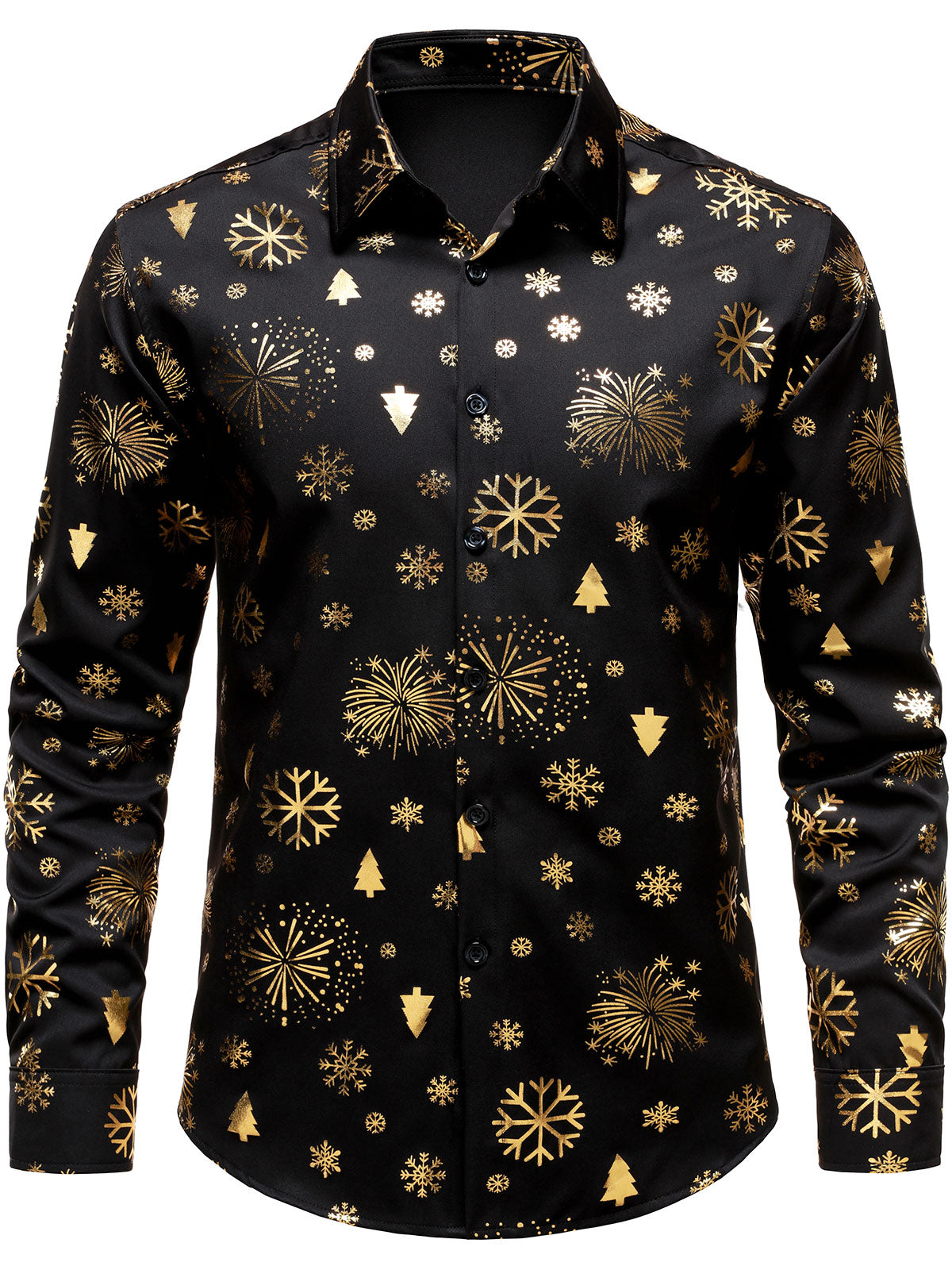 Chemise noire à manches longues pour homme, imprimée de flocons de neige, sapin et feux d'artifice, style Noël doré brillant