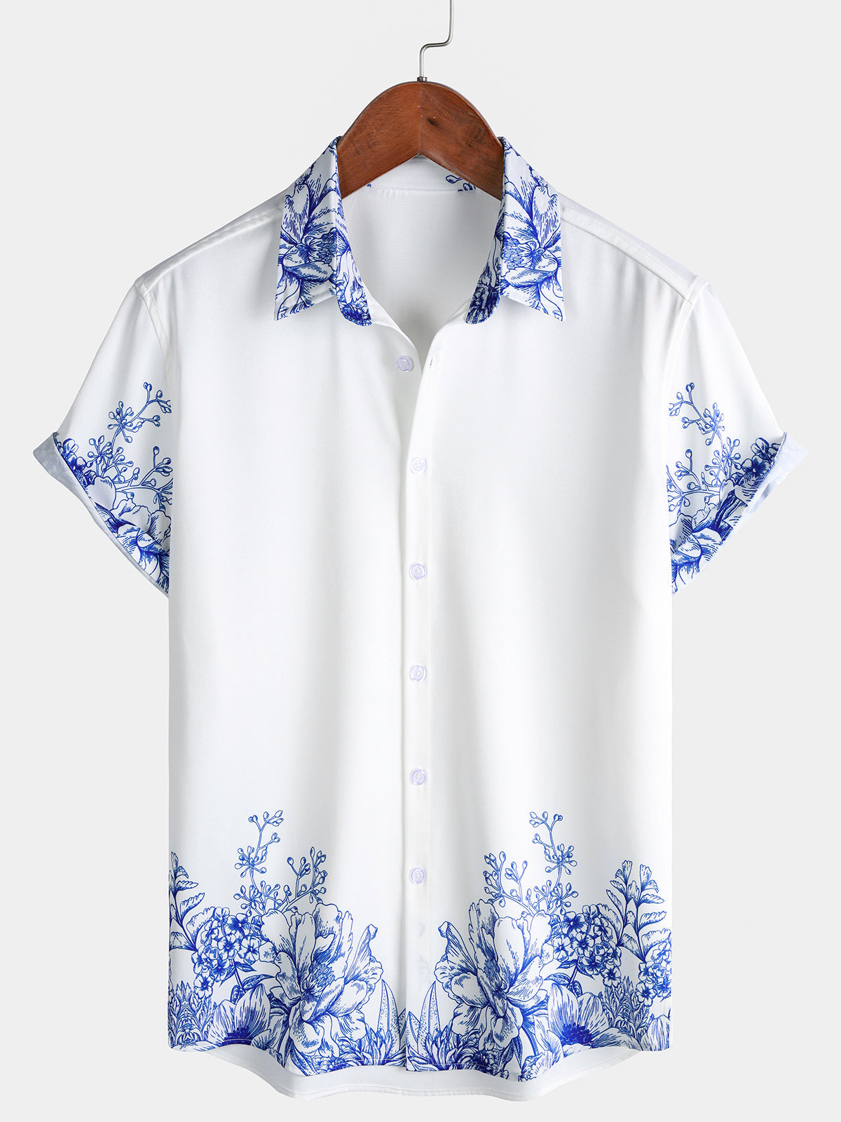 Chemise Homme Blanche et Bleue à Motif Botanique Décontractée Manches Courtes