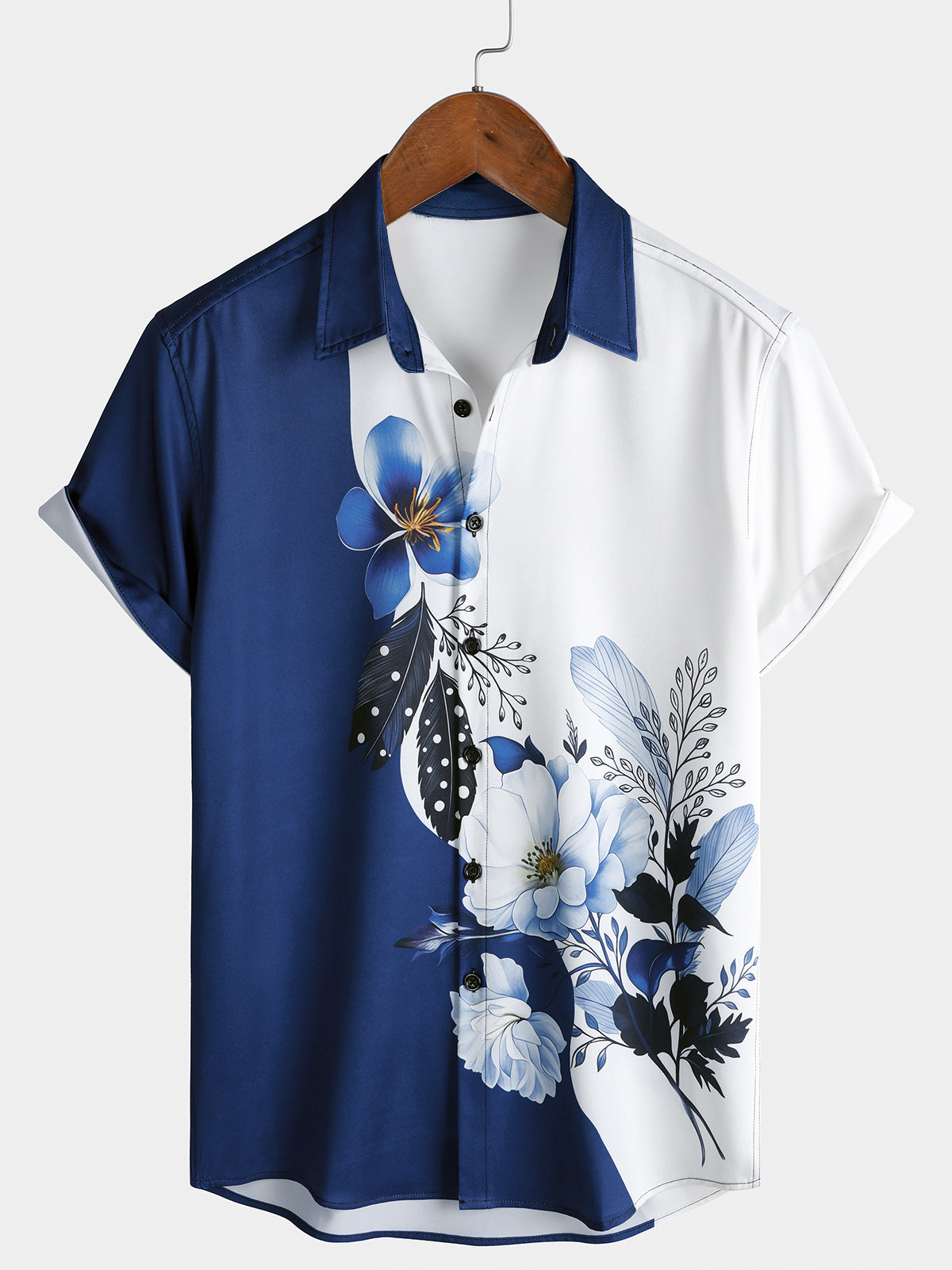 Chemise Homme Bleu Marine et Blanc à Motif Botanique Color-Block Décontractée