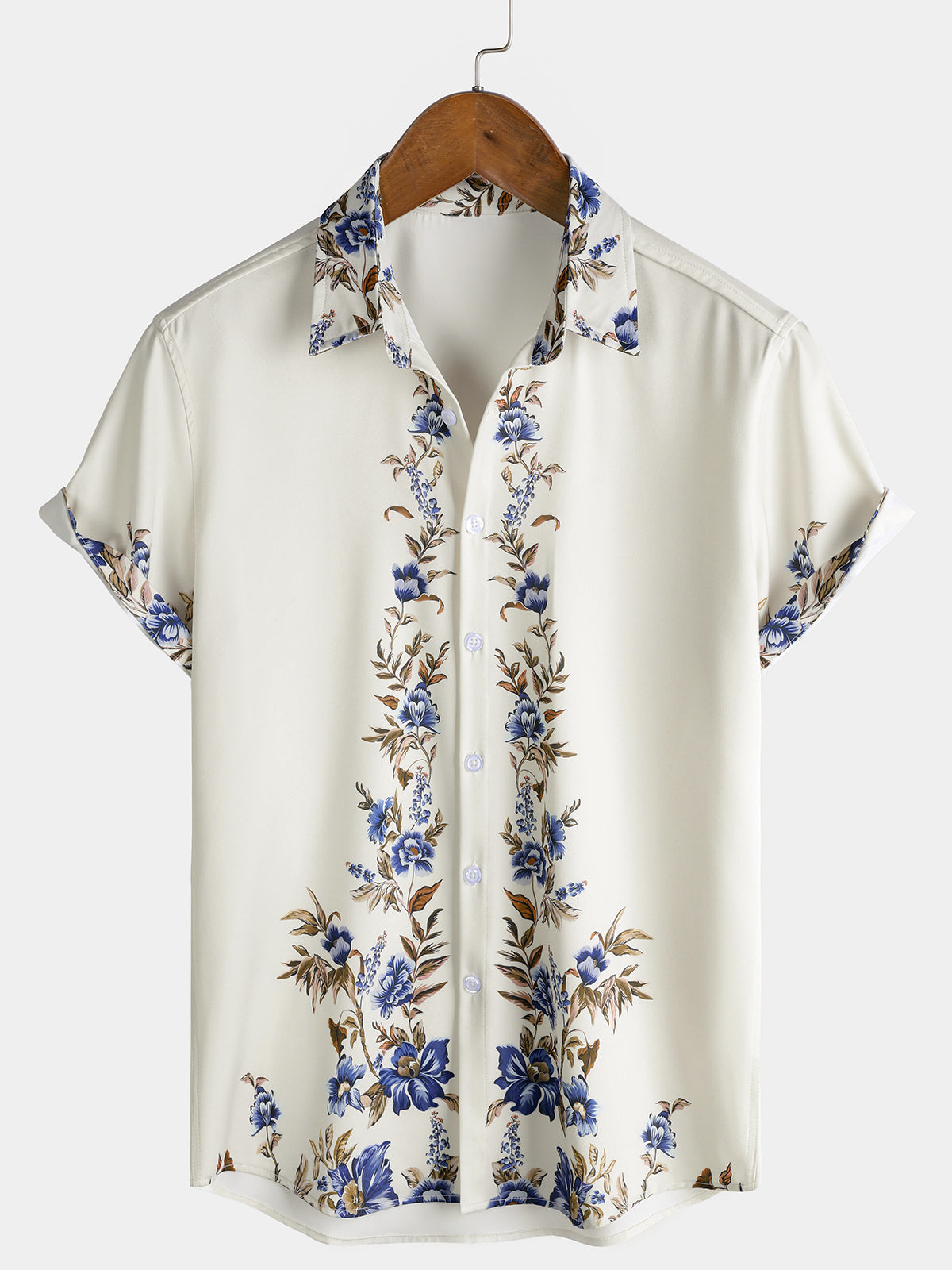 Chemise Homme Crème à Motif Vigne Florale Bleue Décontractée d’Été Manches Courtes