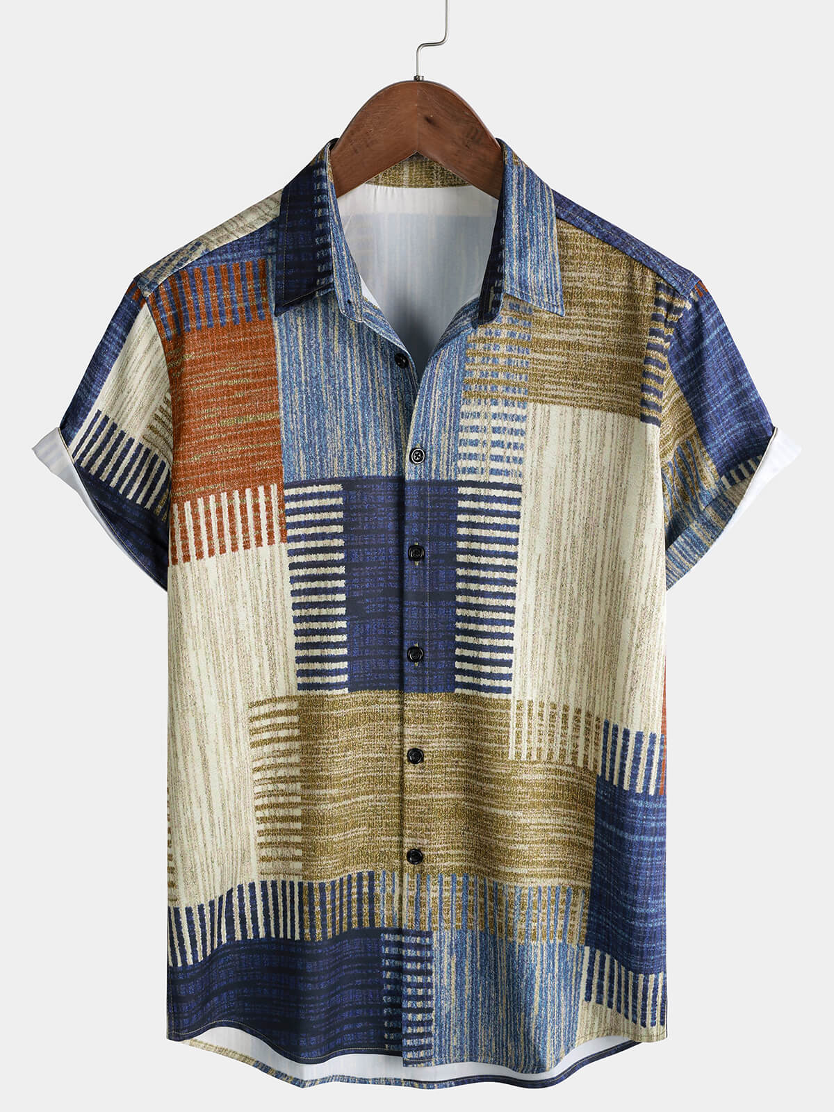 Chemise Vintage Homme Patchwork Carreaux Tons Terreux Coton
