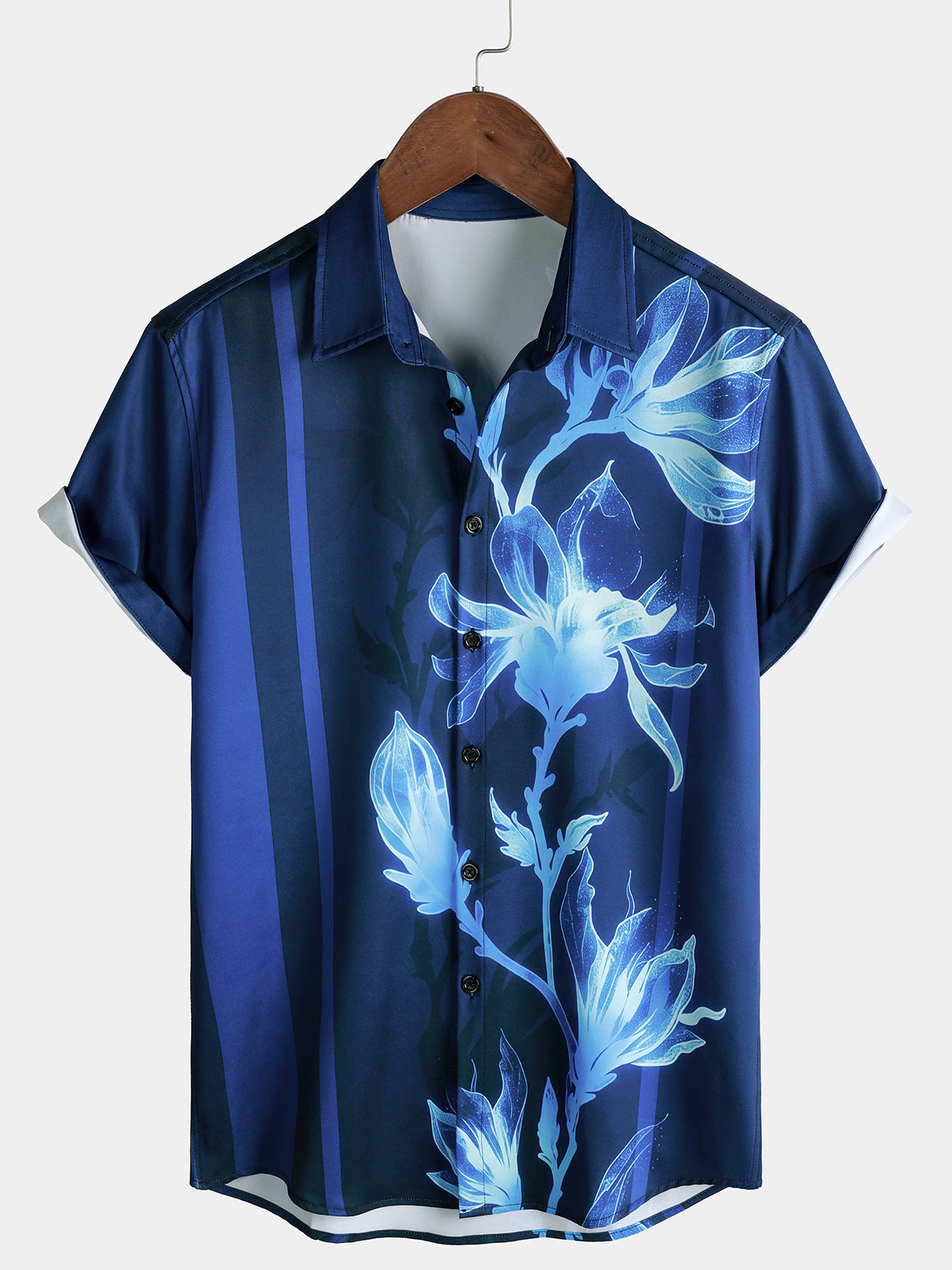 Chemise Homme Bleu Marine à Imprimé Floral Décontractée Manches Courtes