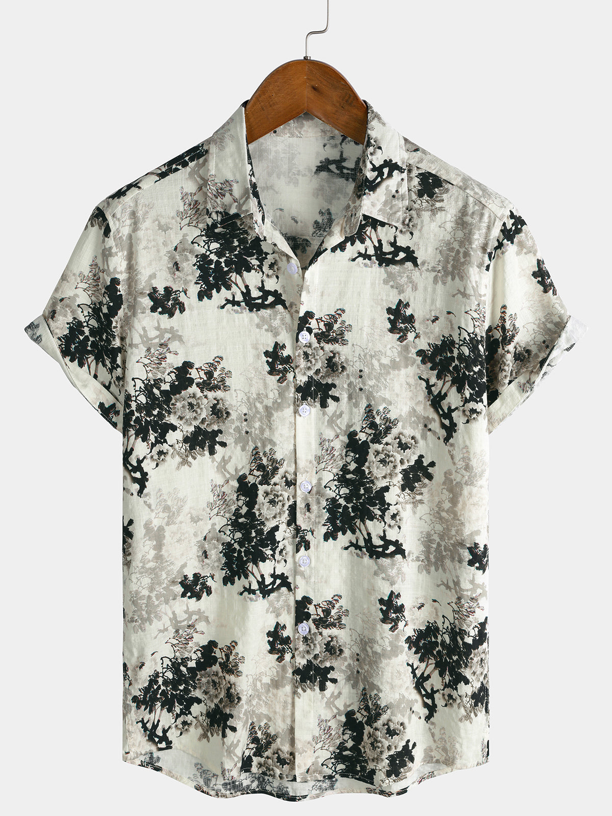 Chemise Homme Beige à Imprimé Floral Effet Encre Lavée Décontractée Manches Courtes