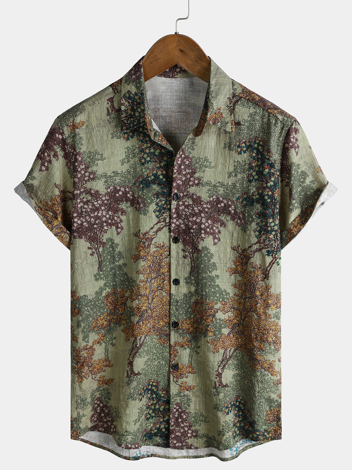 Chemise Homme Verte à Imprimé Forêt Vintage Décontractée Manches Courtes