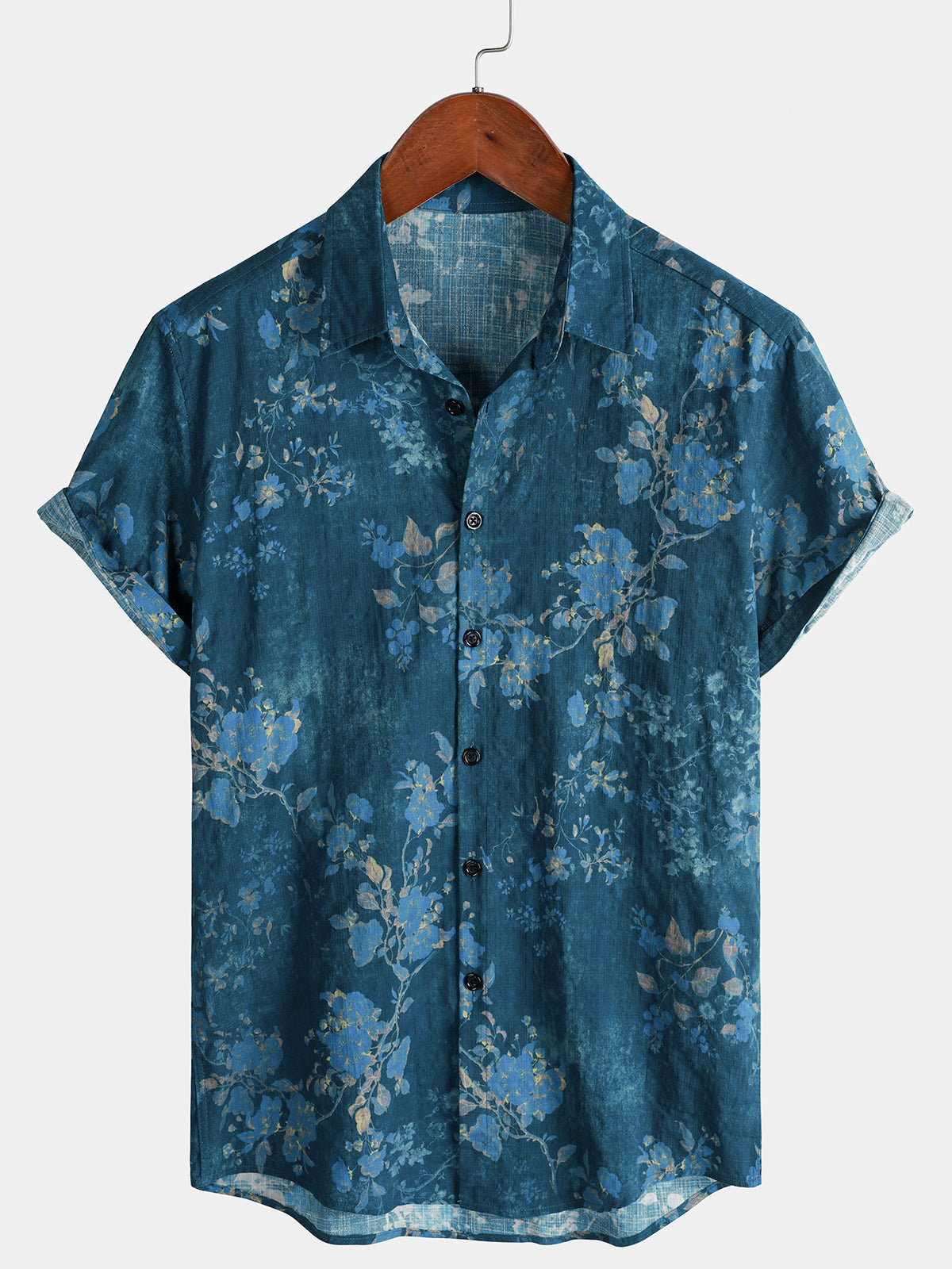 Chemise Homme Bleue à Imprimé Floral Aquarelle Décontractée Manches Courtes