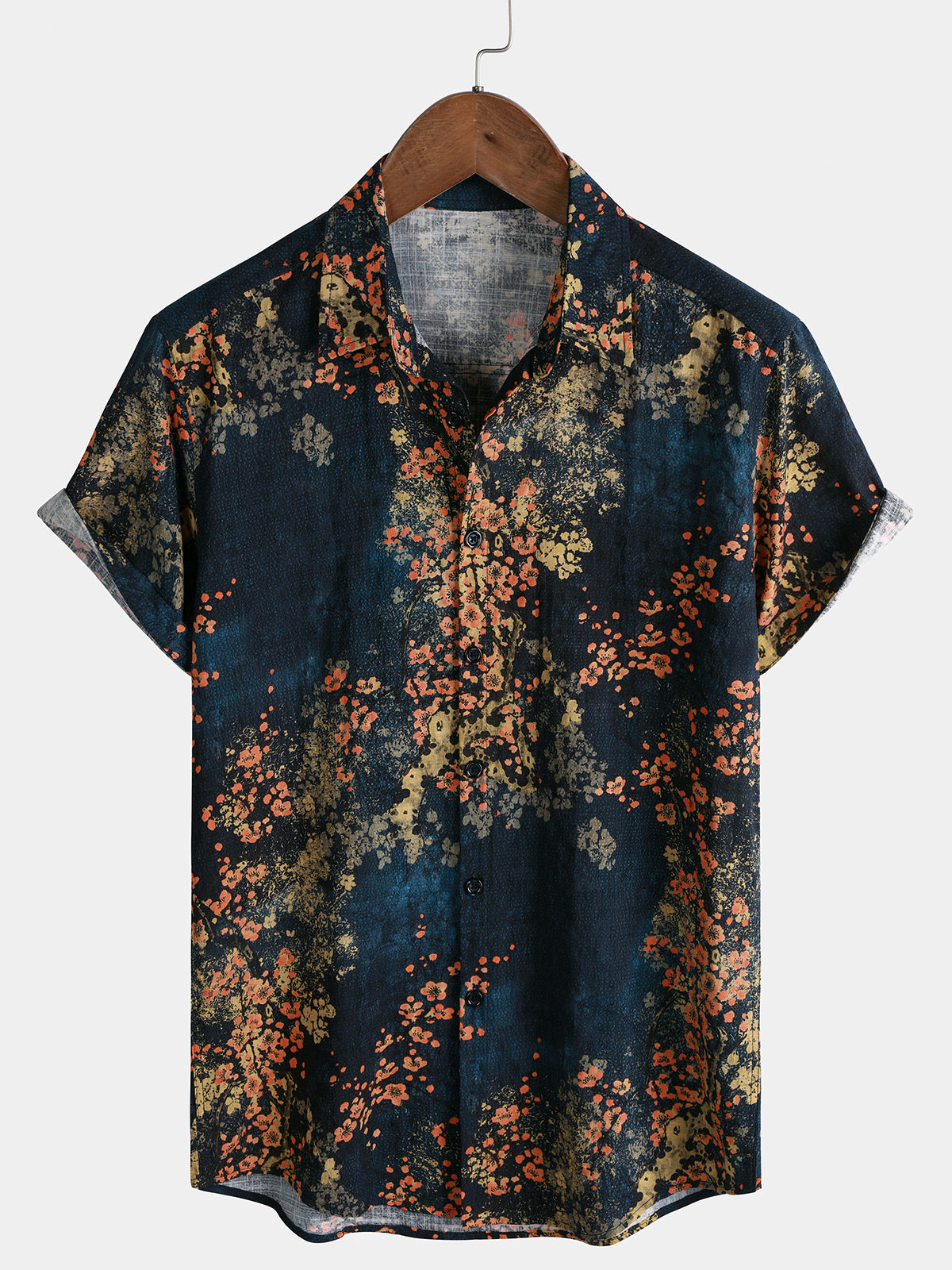 Chemise Homme Bleu Marine à Imprimé Floral Abstrait Décontractée Manches Courtes