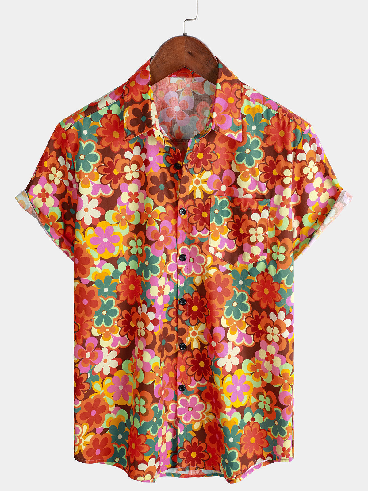 Chemise à manches courtes en coton respirant à imprimé floral style années 70 pour homme