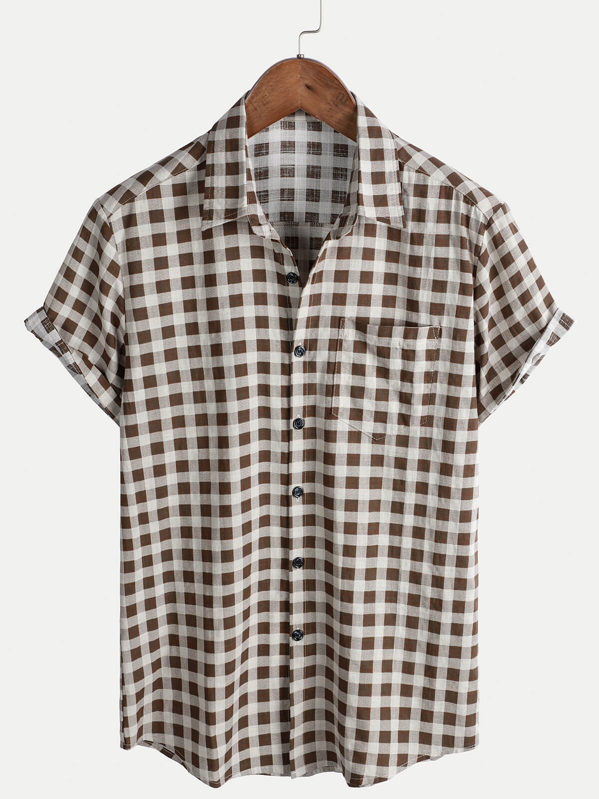 Chemise à manches courtes et poches en coton à carreaux marron pour homme