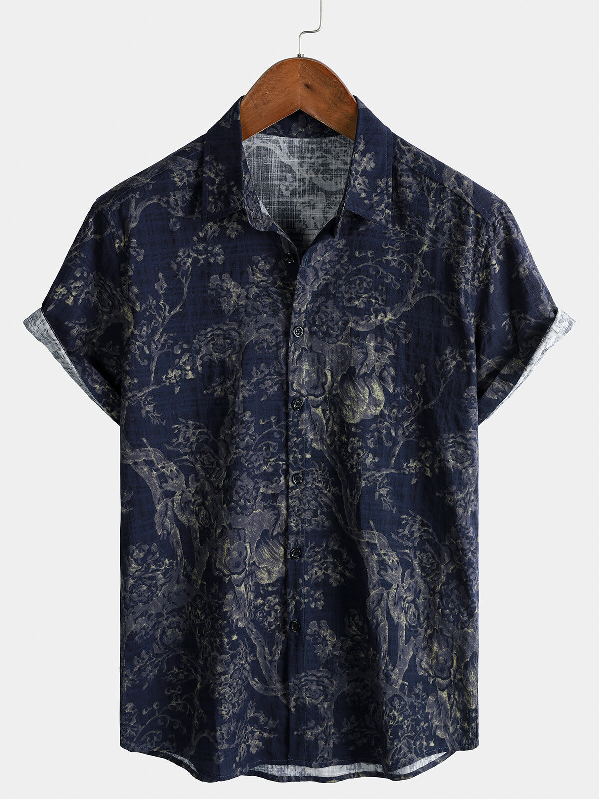 Chemise Homme Bleu Marine Botanique Vintage Manches Courtes