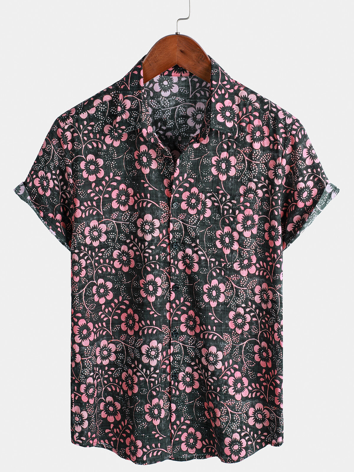 Chemise hawaïenne à manches courtes et poches à fleurs roses pour homme
