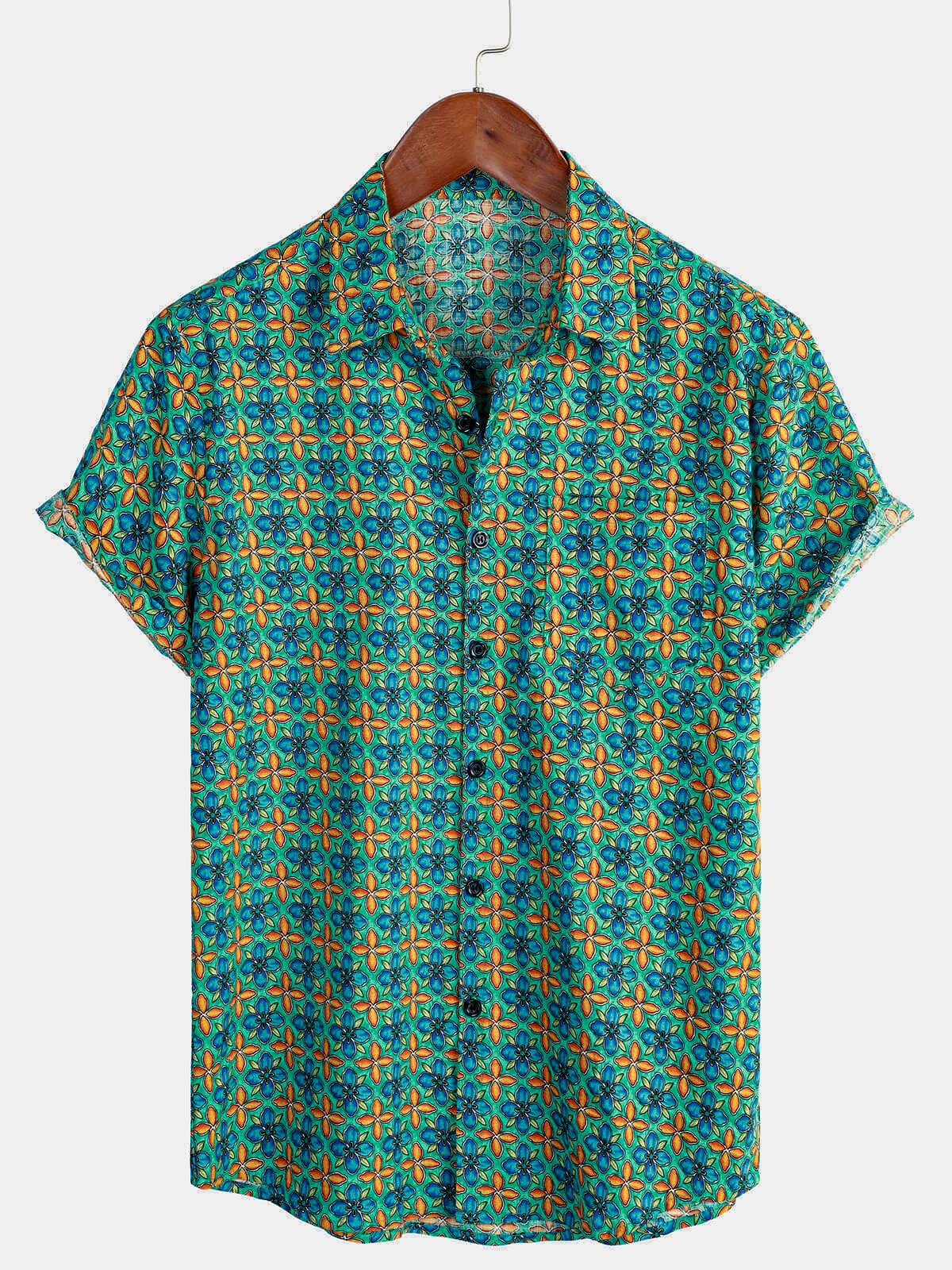Chemise boutonnée en coton de loisirs à manches courtes vintage à fleurs pour hommes