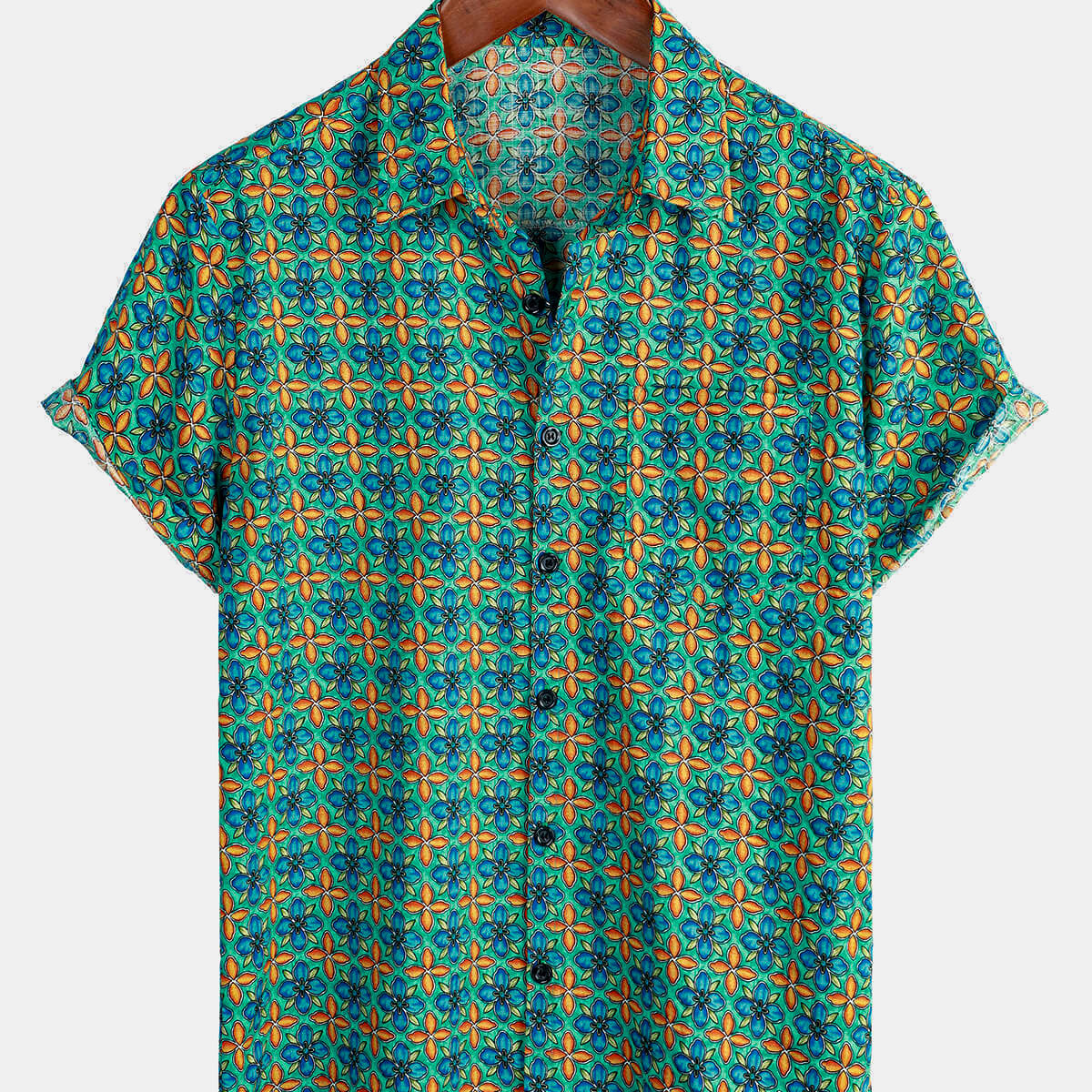 Chemise boutonnée en coton de loisirs à manches courtes vintage à fleurs pour hommes