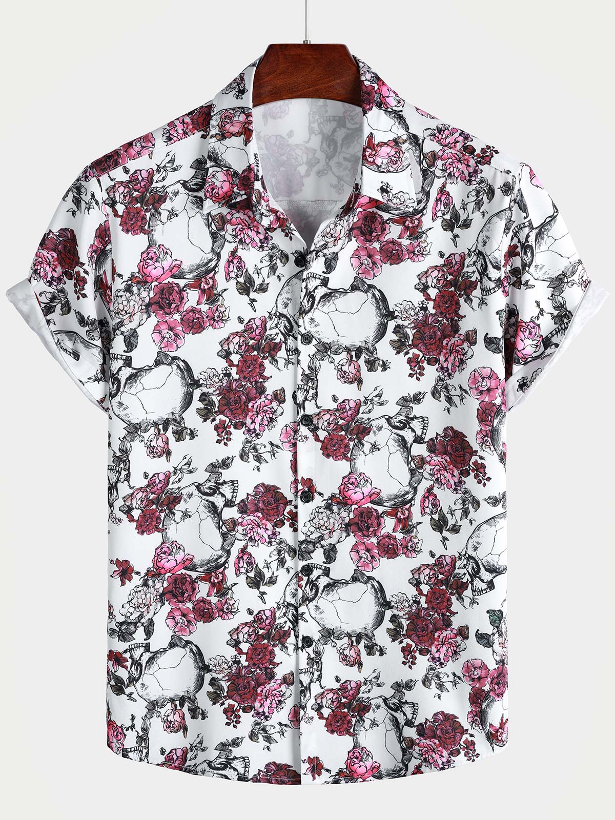 Chemise boutonnée à manches courtes pour homme, motif tête de mort et fleur rose, style punk rock