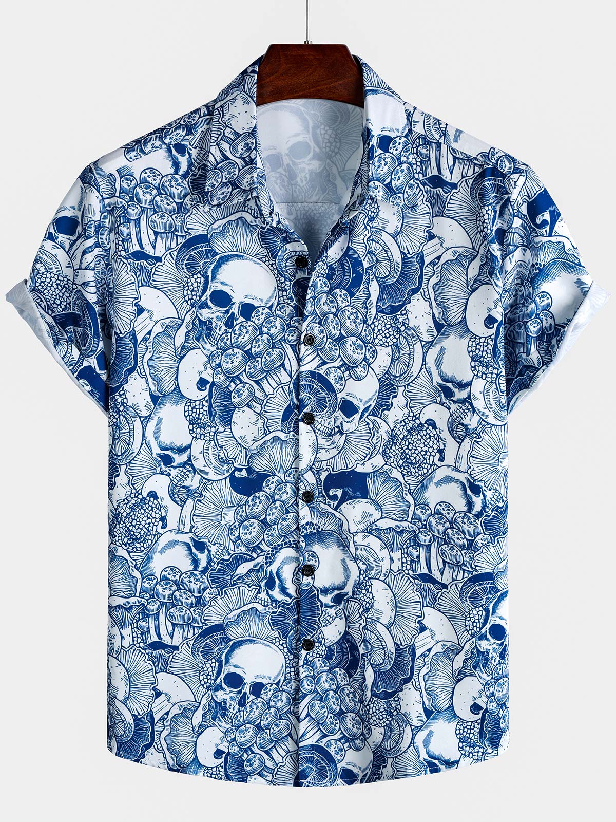 Chemise boutonnée à manches courtes pour homme, motif tête de mort bleu, style punk rock