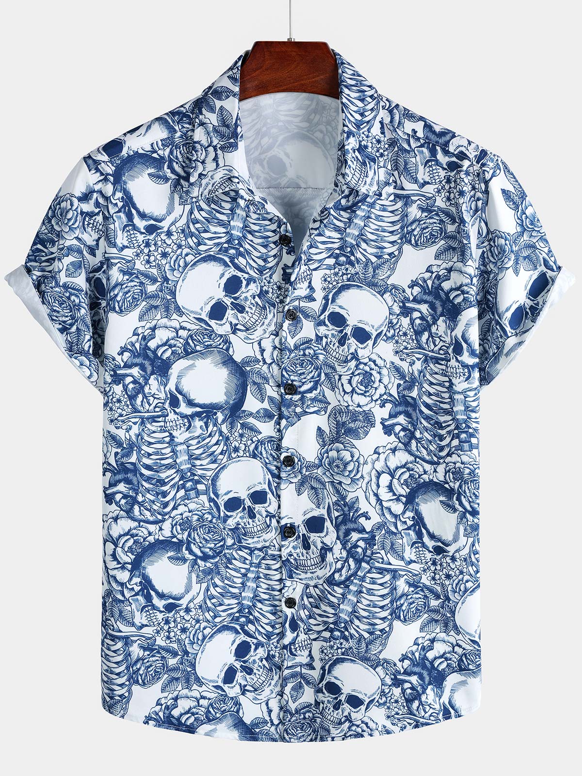 Chemise boutonnée à manches courtes pour homme, motif tête de mort et fleur bleue, style punk rock