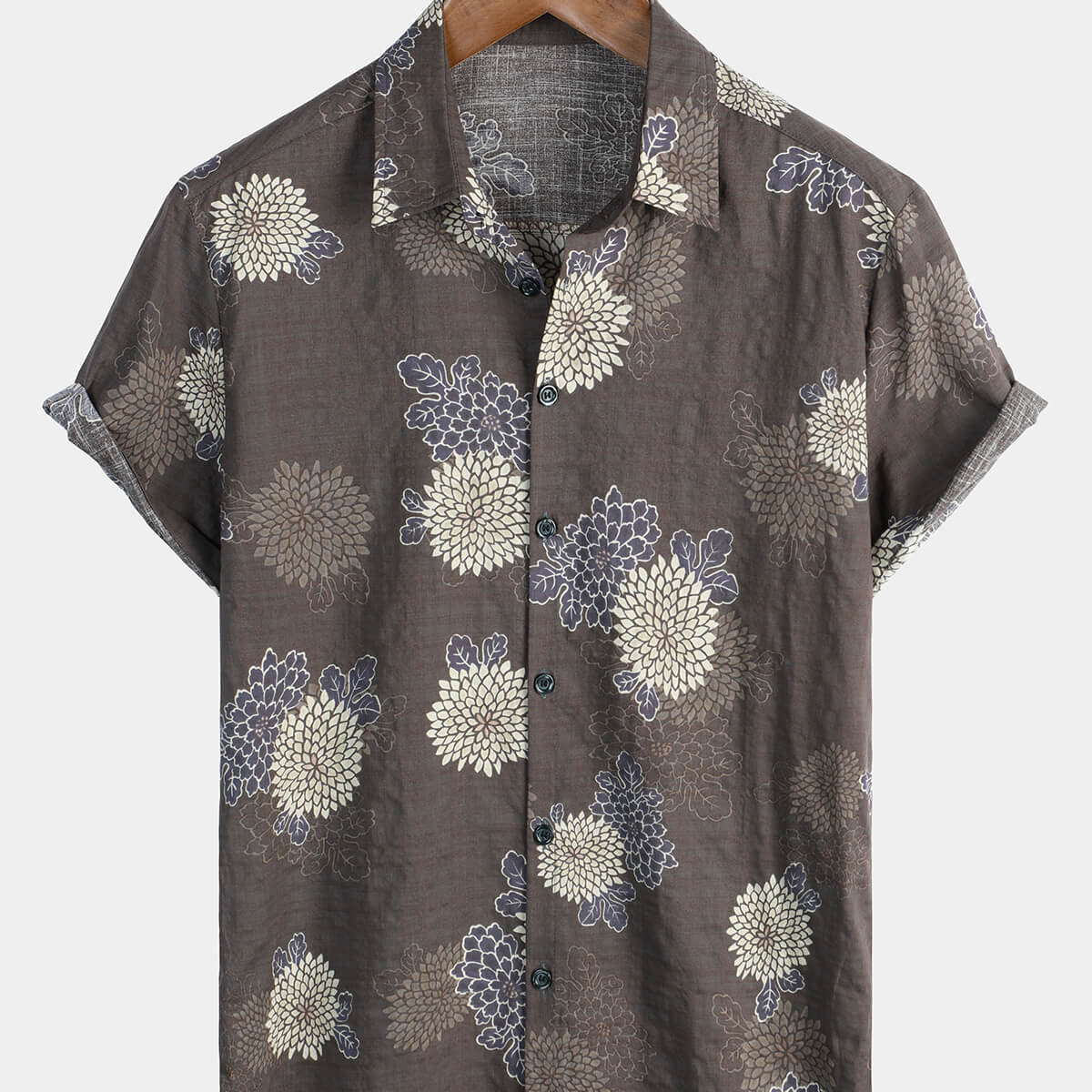 Chemise d'été boutonnée en coton marron à fleurs vintage pour hommes