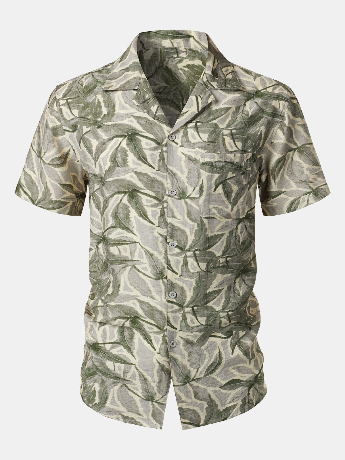 Chemise Homme Verte Manches Courtes Resort à Poche Imprimé Tropical