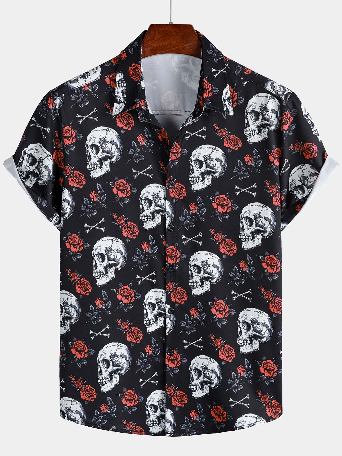 Chemise boutonnée à manches courtes pour homme, motif tête de mort et rose, style punk rock